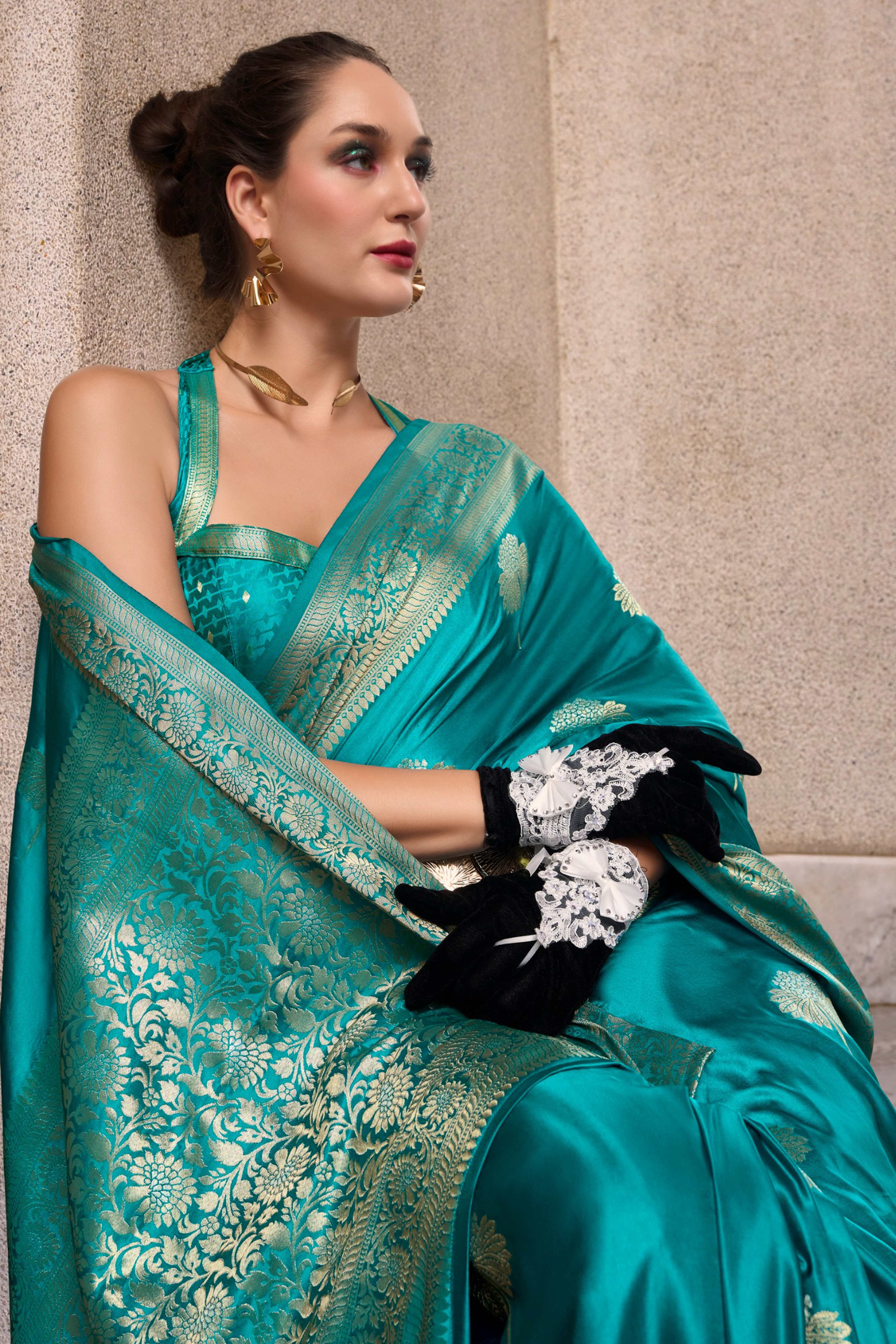 22Rama Blue Satin Saree with Floral Zari Weaving