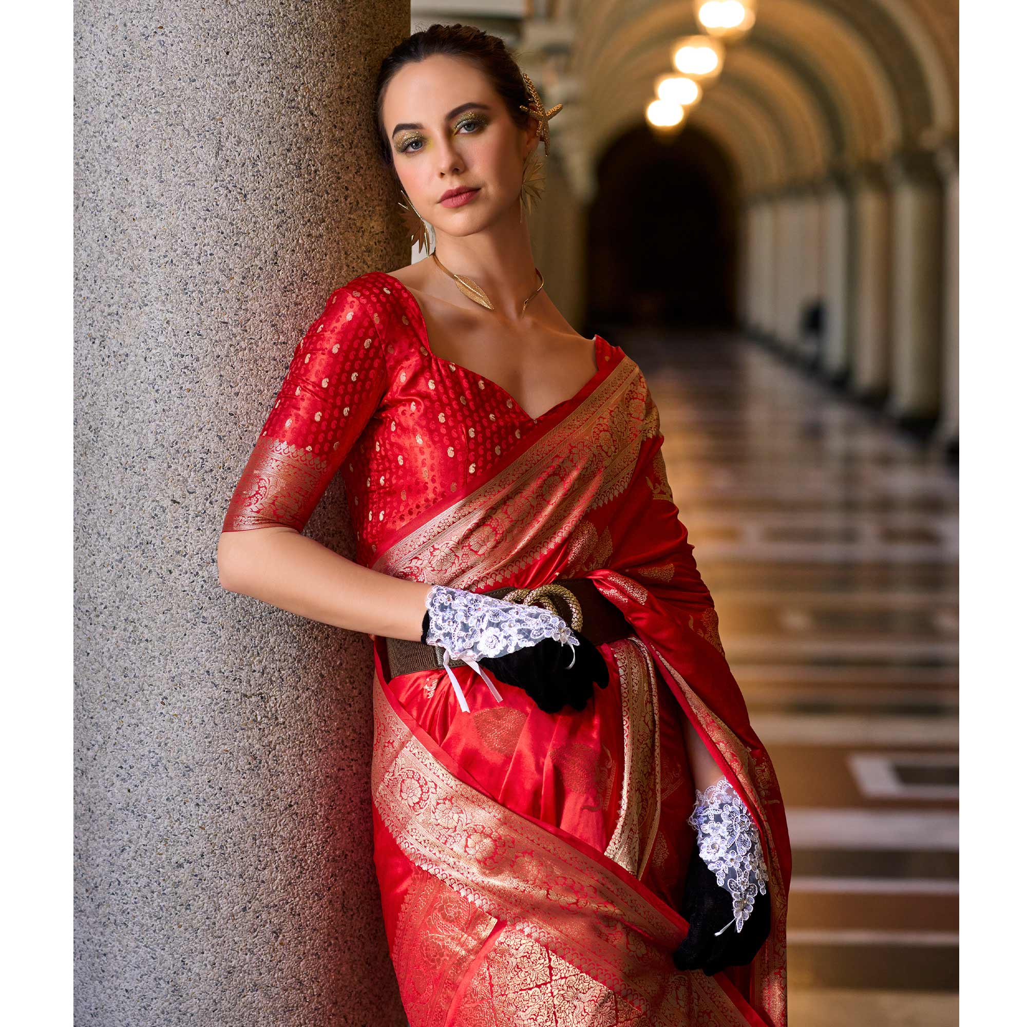 Red Floral Woven Satin Silk Saree