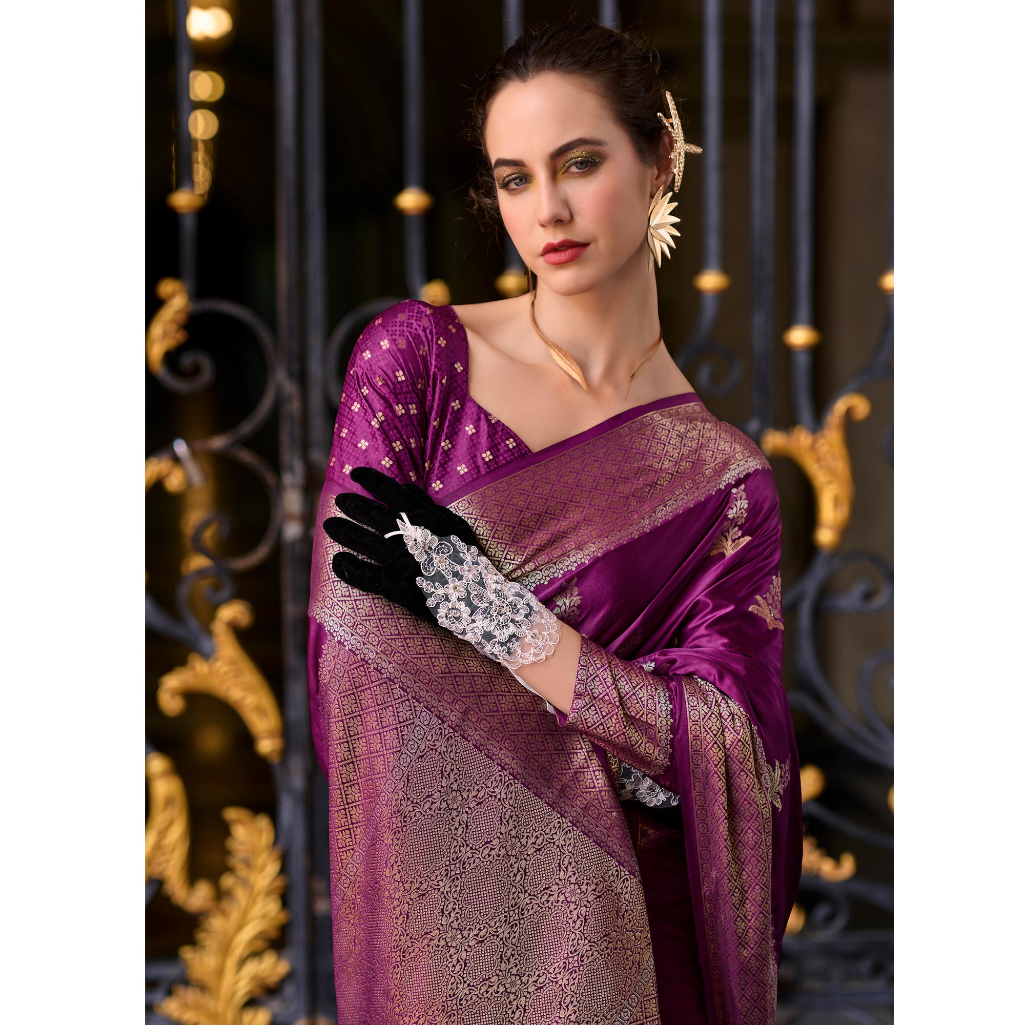 Purple Floral Woven Satin Silk Saree