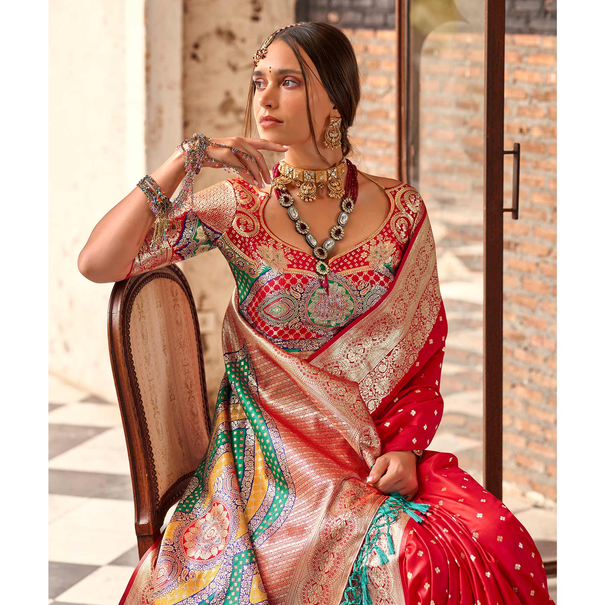 Red Floral Woven Banarasi Silk Saree With Tassels