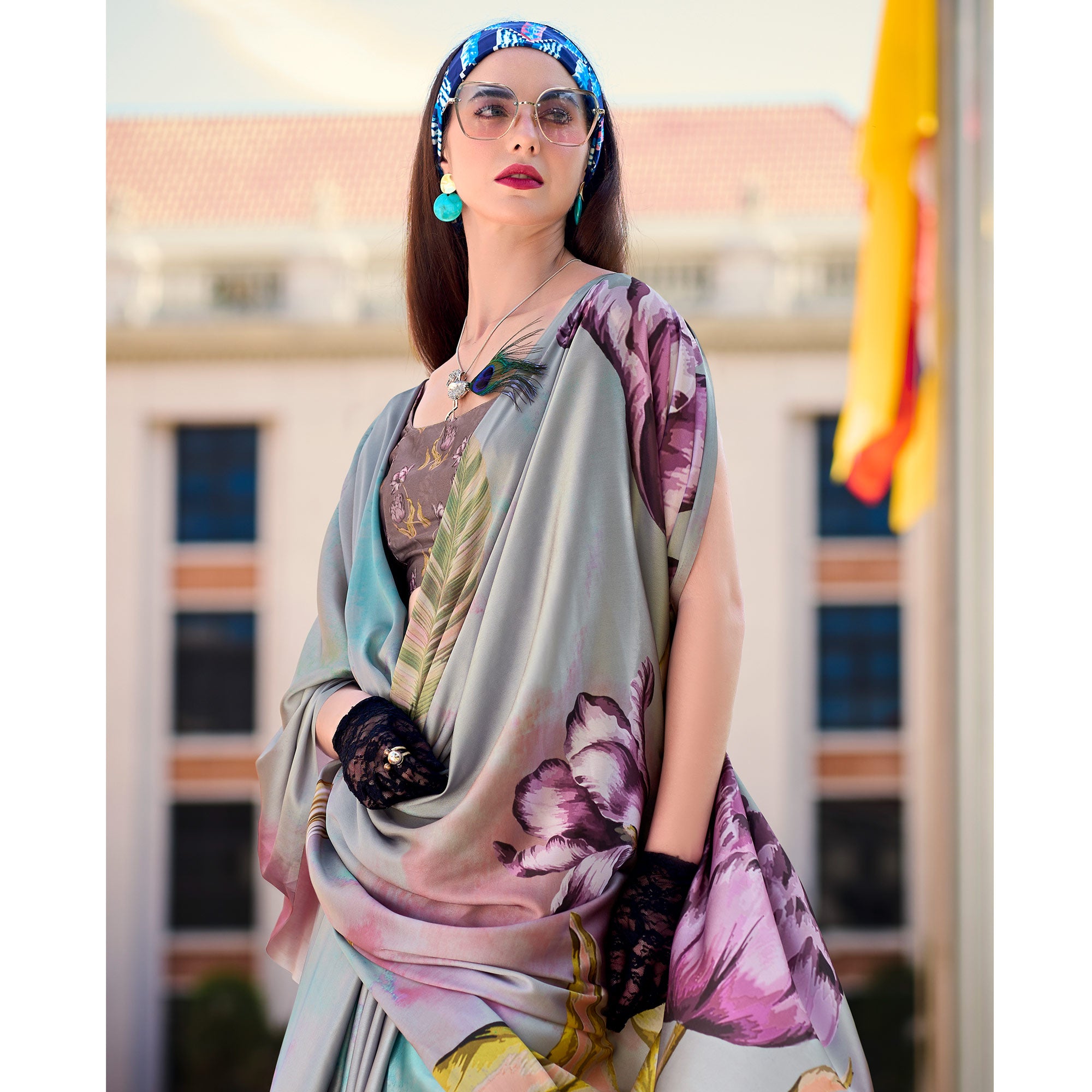 Grey Floral Digital Printed Pure Satin Saree
