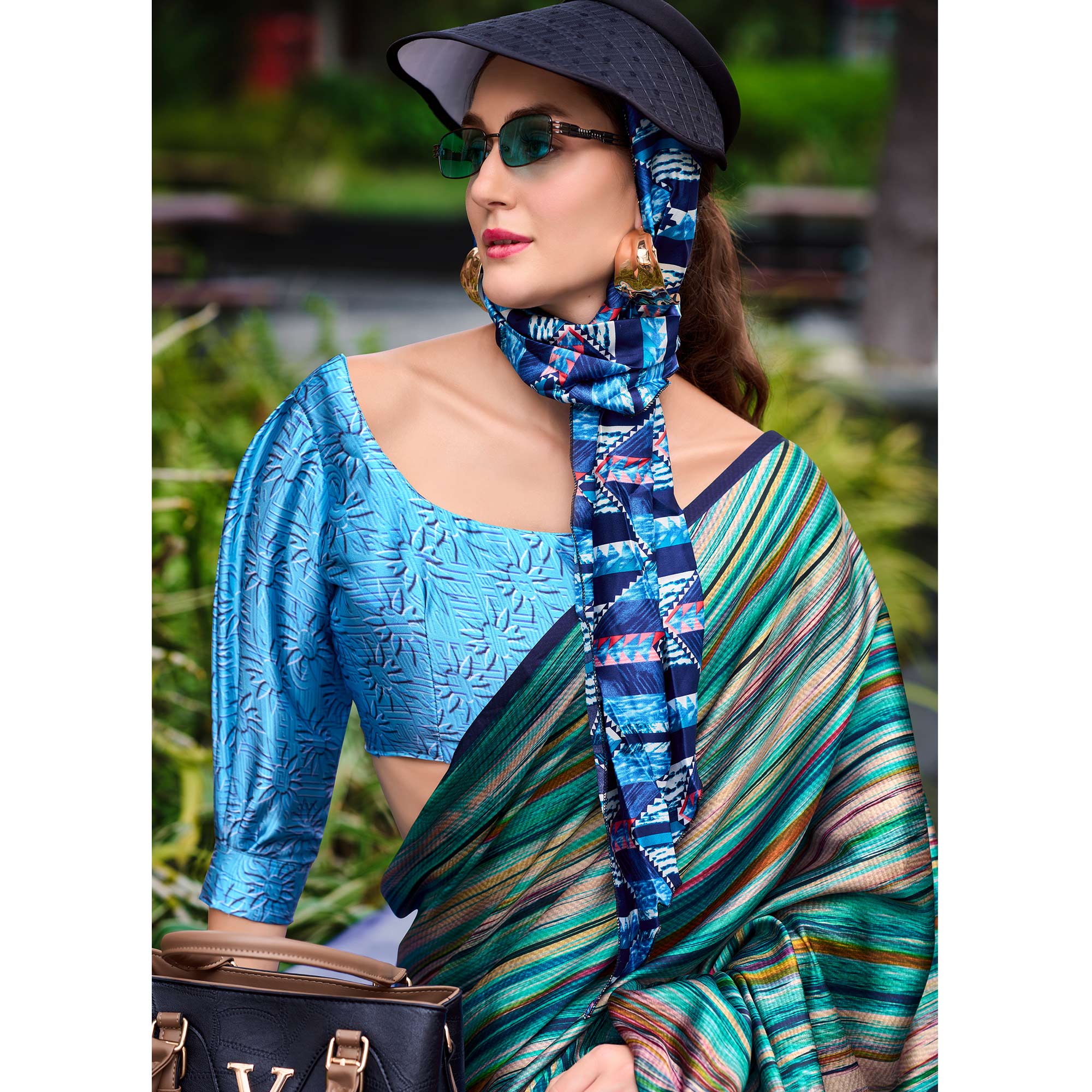 Rama Green Striped Digital Printed Pure Satin Saree