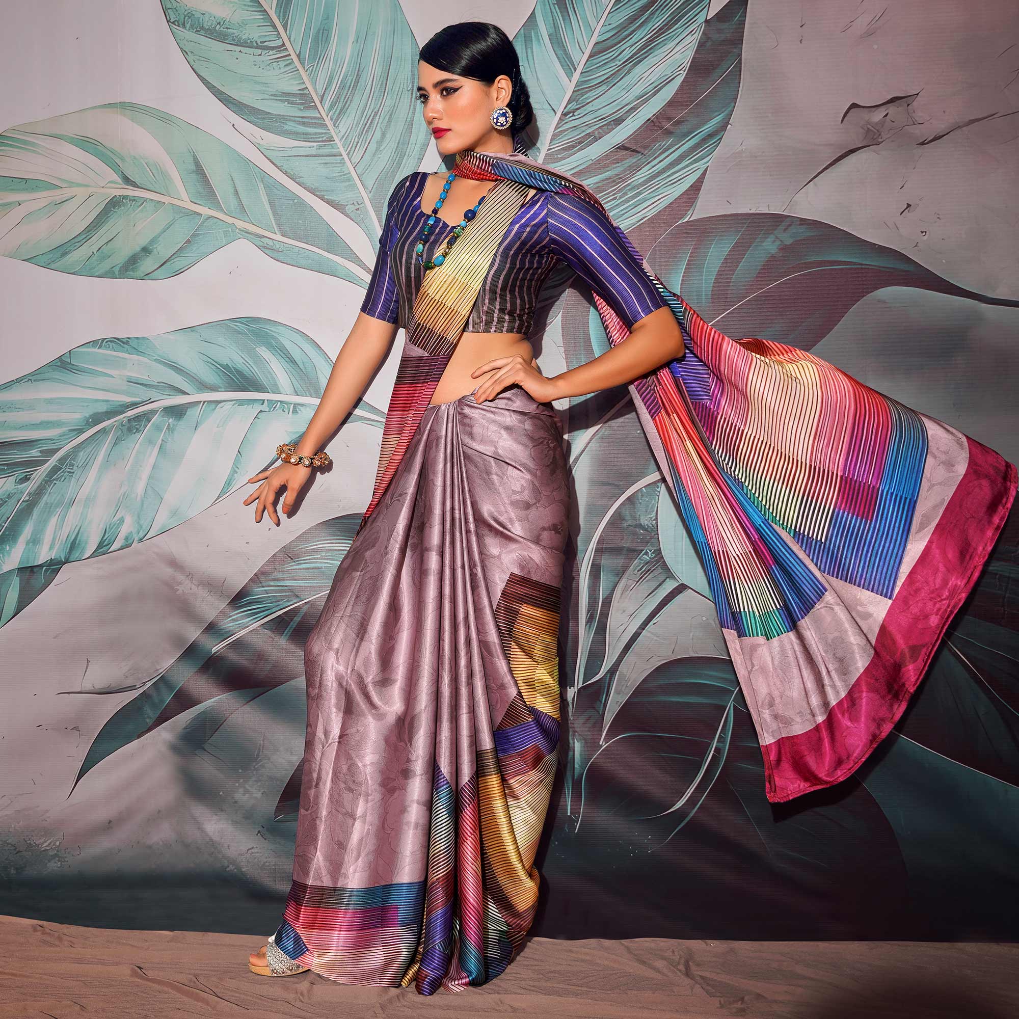 Multicolor Digital Printed Satin Saree