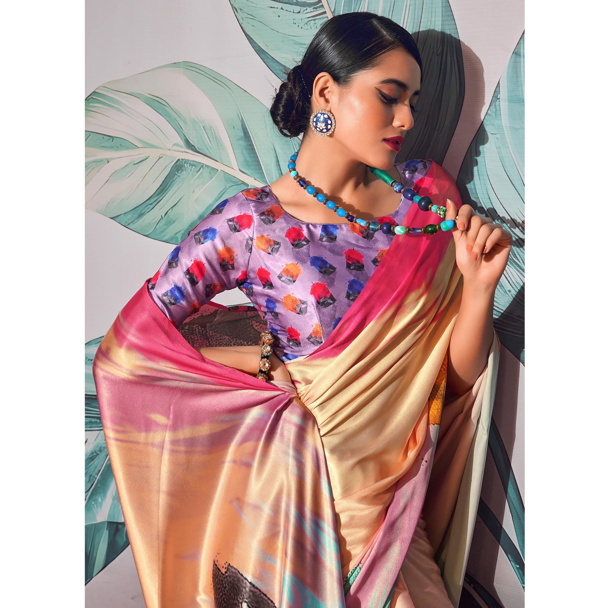 Multicolor Digital Printed Satin Saree