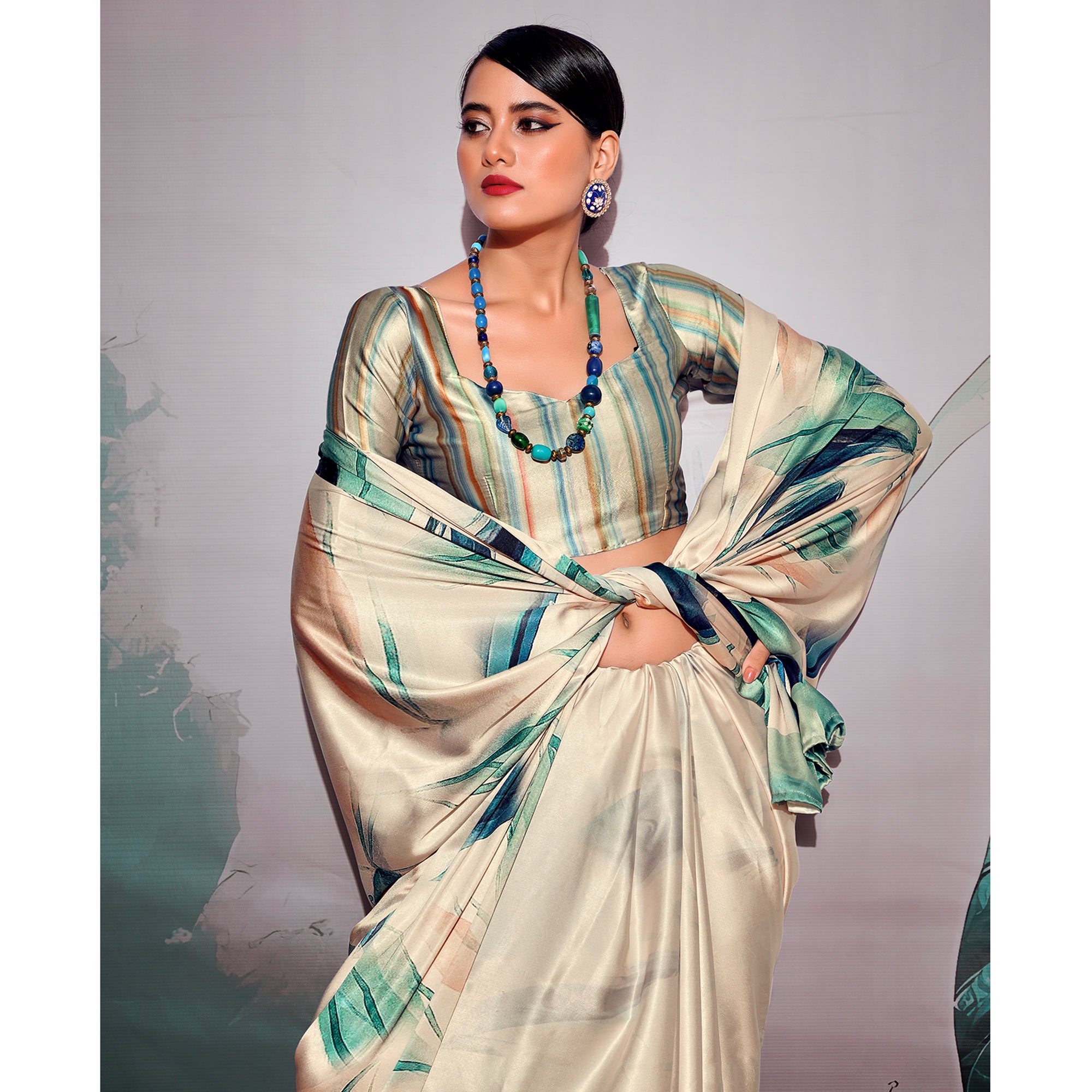 Off White Digital Printed Satin Saree