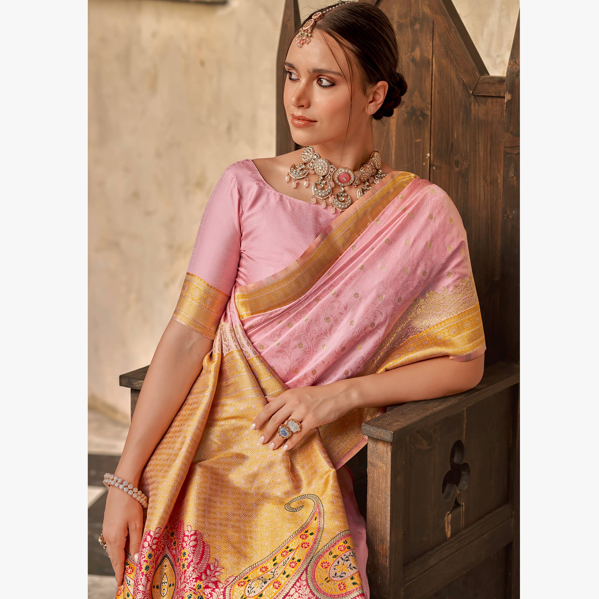 Pink Floral Woven Banarasi Silk Saree With Tassels