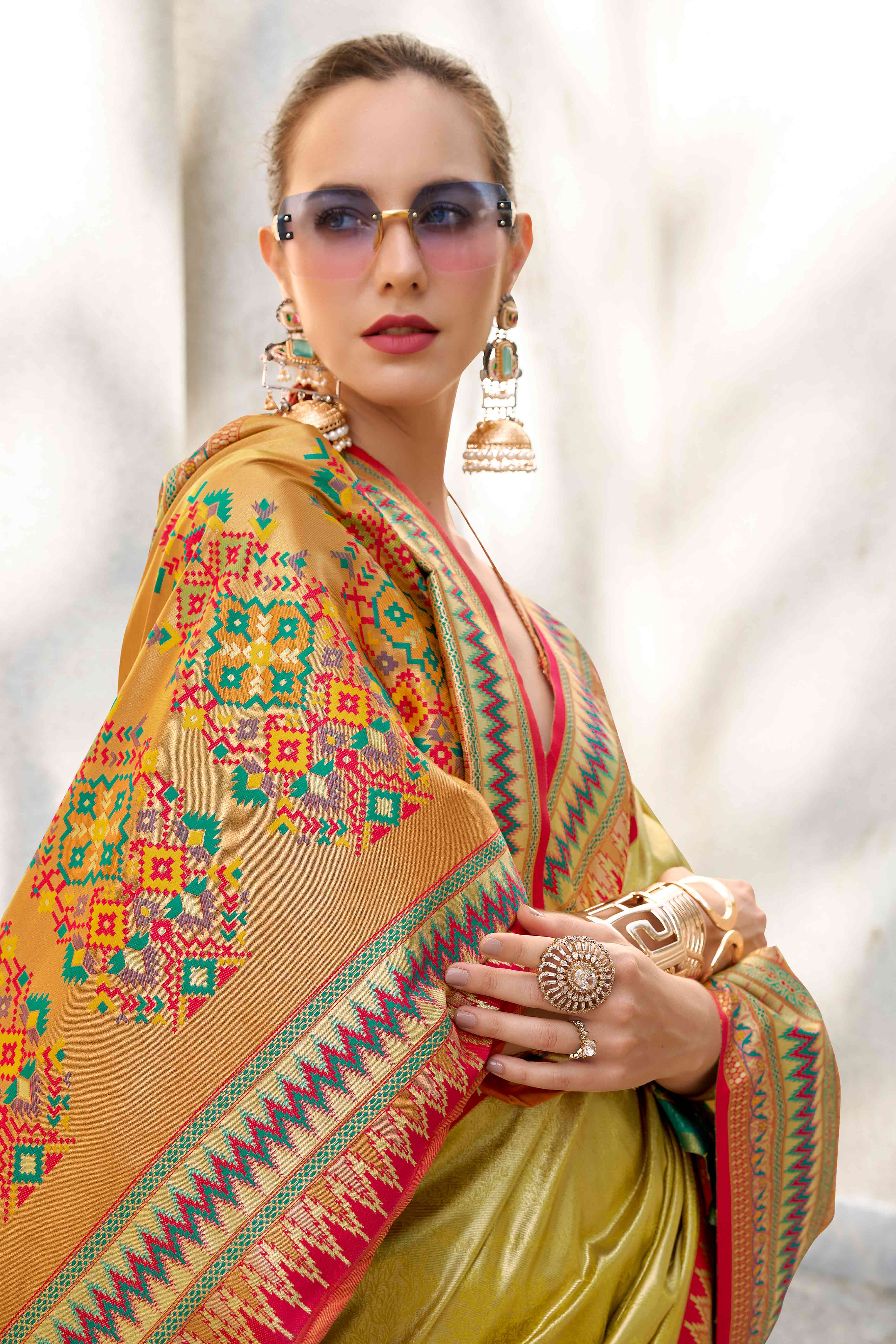 Mustard Zari Weaving Tissue Silk Saree