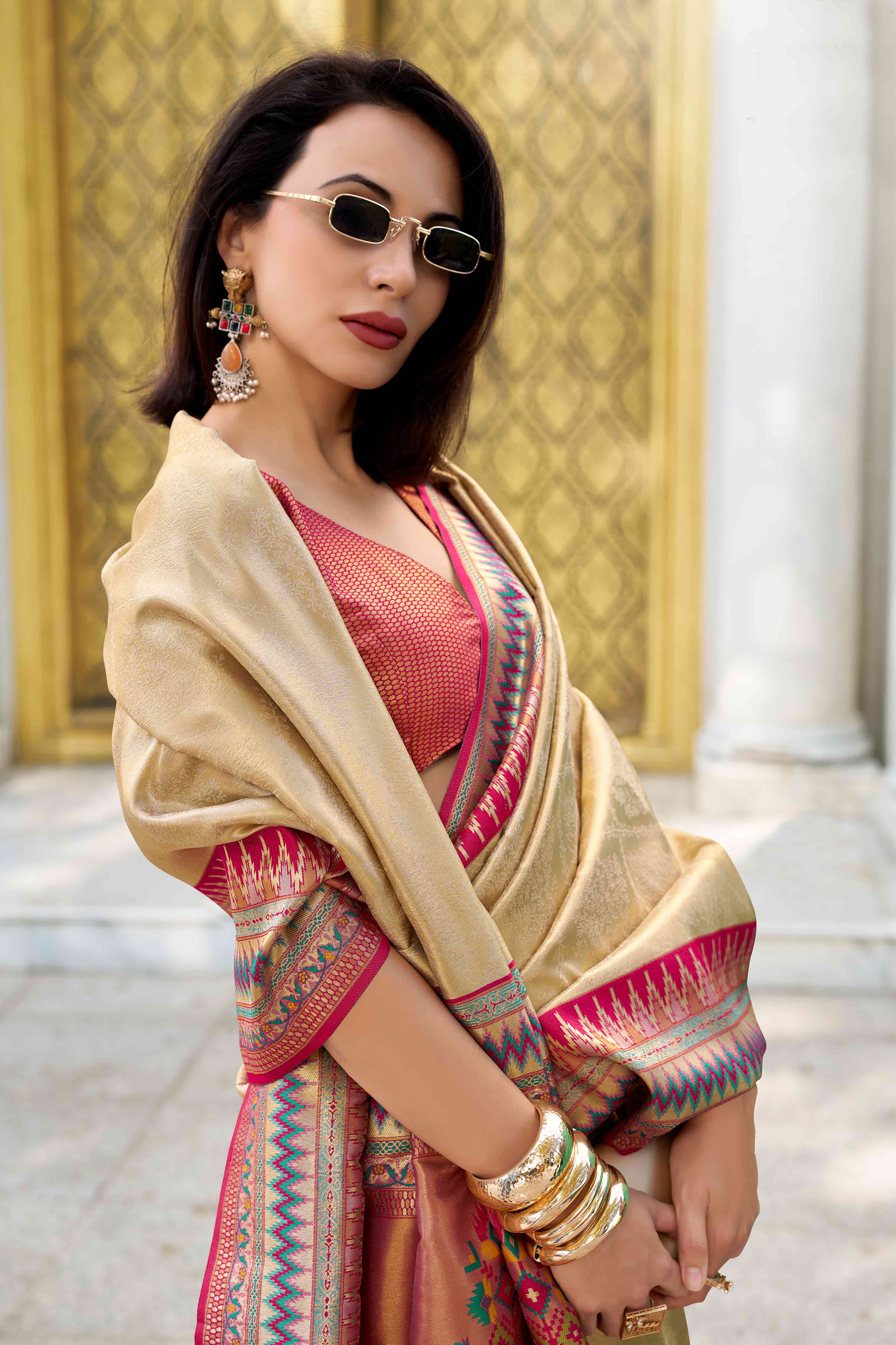 Beige Zari Weaving Tissue Silk Saree