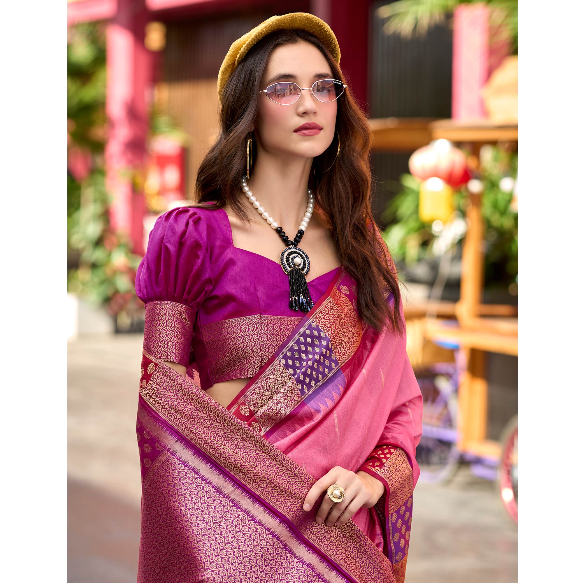 Pink Zari Motifs Woven Soft Banarasi Silk Saree