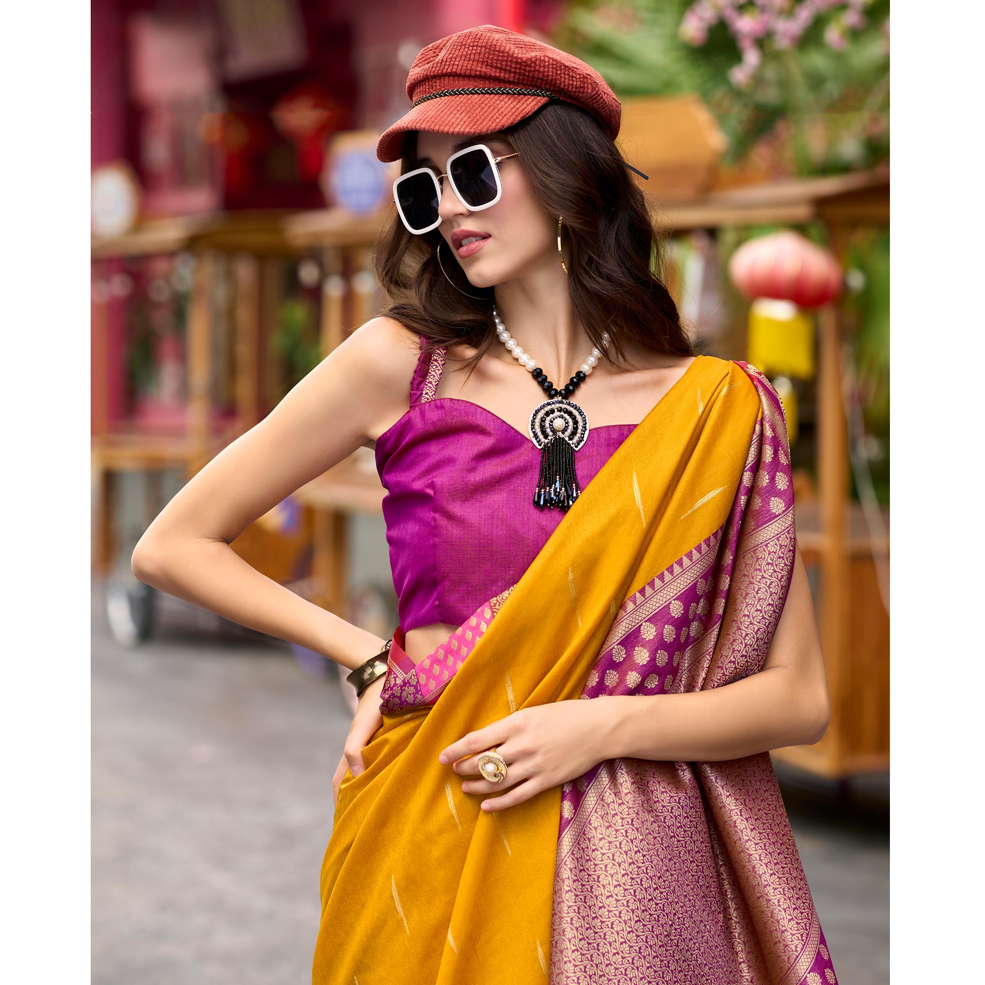 Mustard Zari Motifs Woven Soft Banarasi Silk Saree