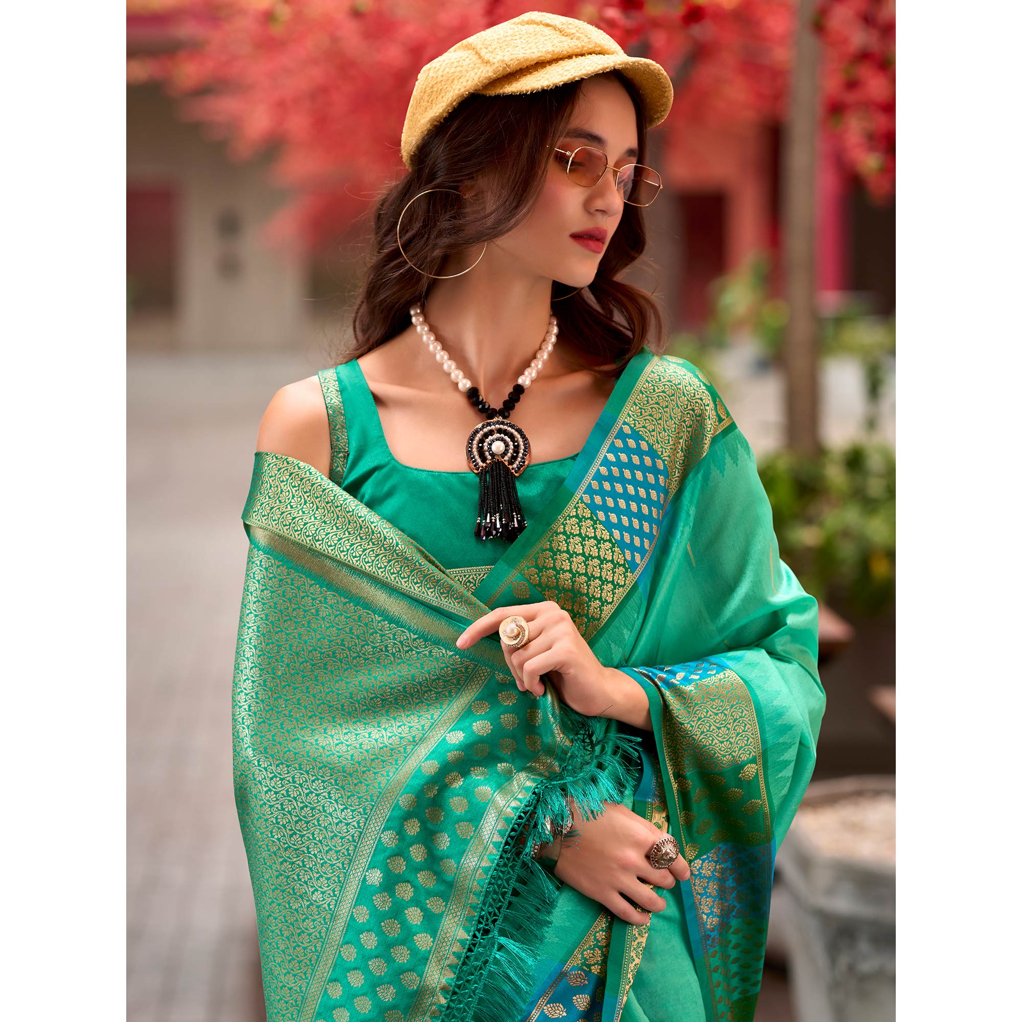 Rexona Green Zari Motifs Woven Soft Banarasi Silk Saree