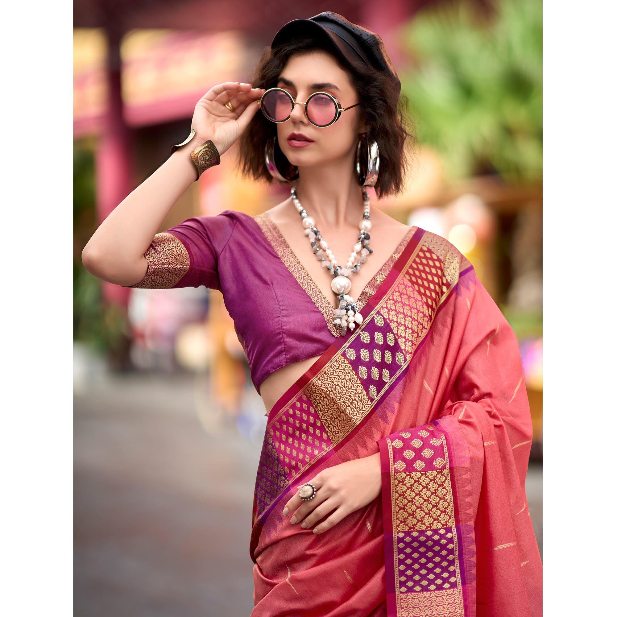 Peach Zari Motifs Woven Soft Banarasi Silk Saree