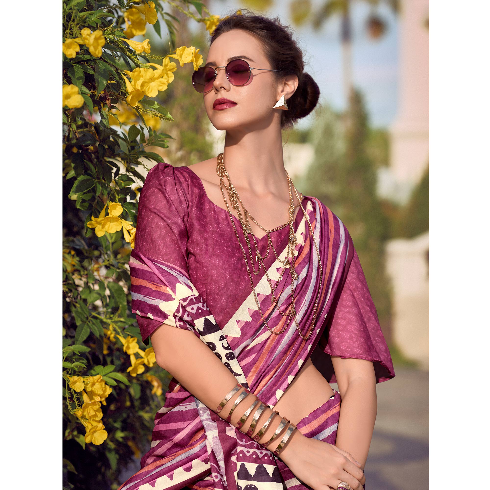 Magenta Striped Printed Mul Pure Silk Saree