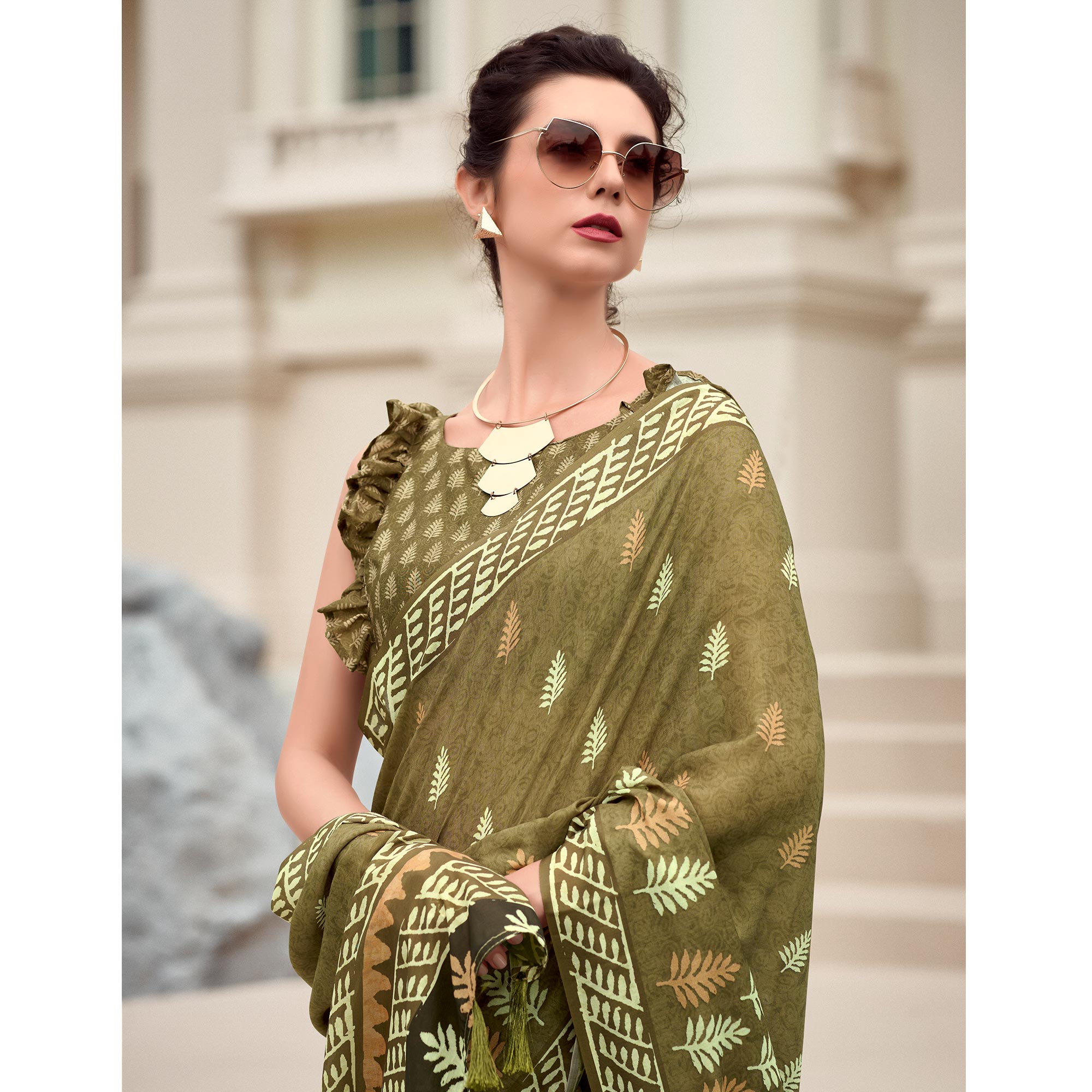 Mehendi Green Printed Mul Pure Silk Saree