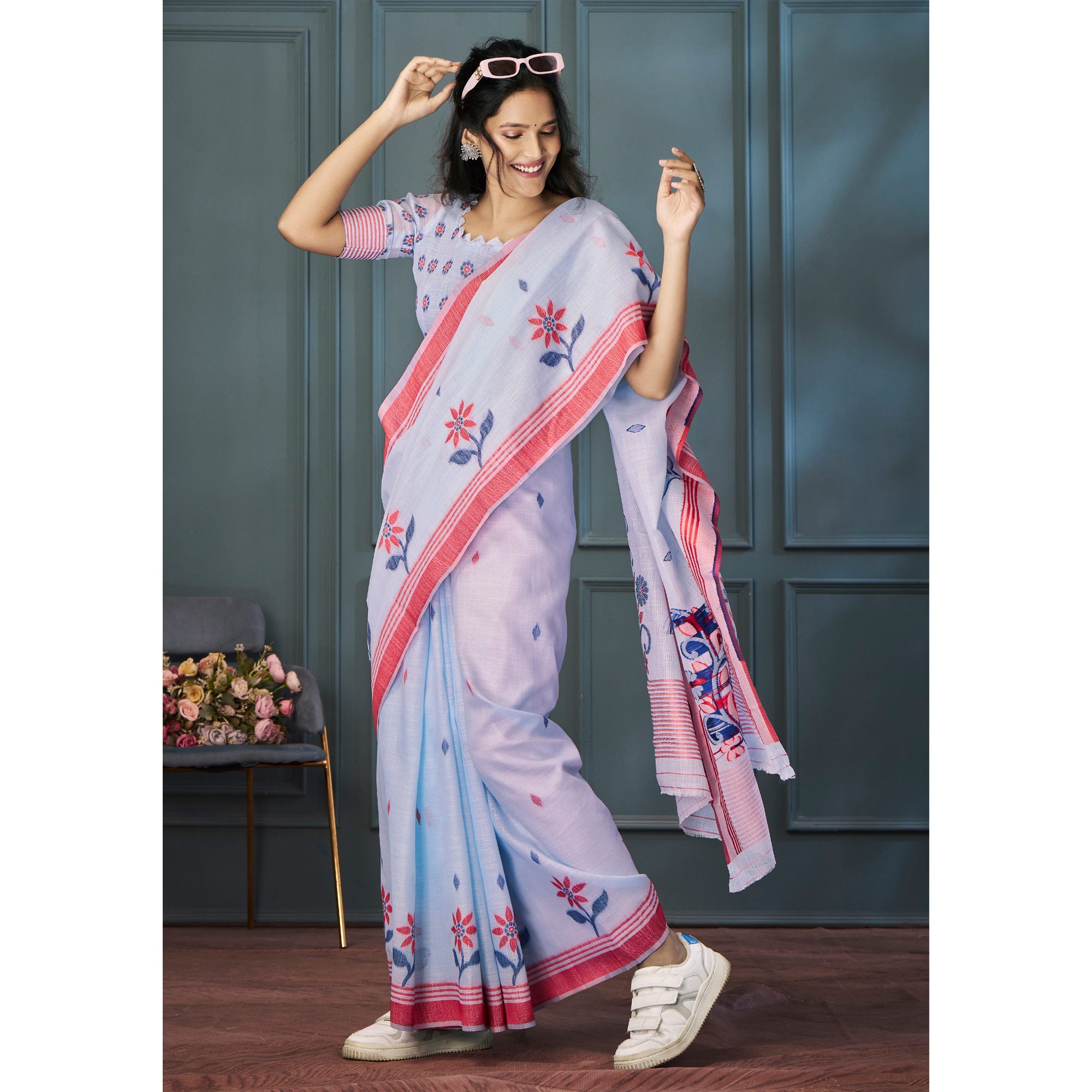 Blue Floral Woven linen Saree