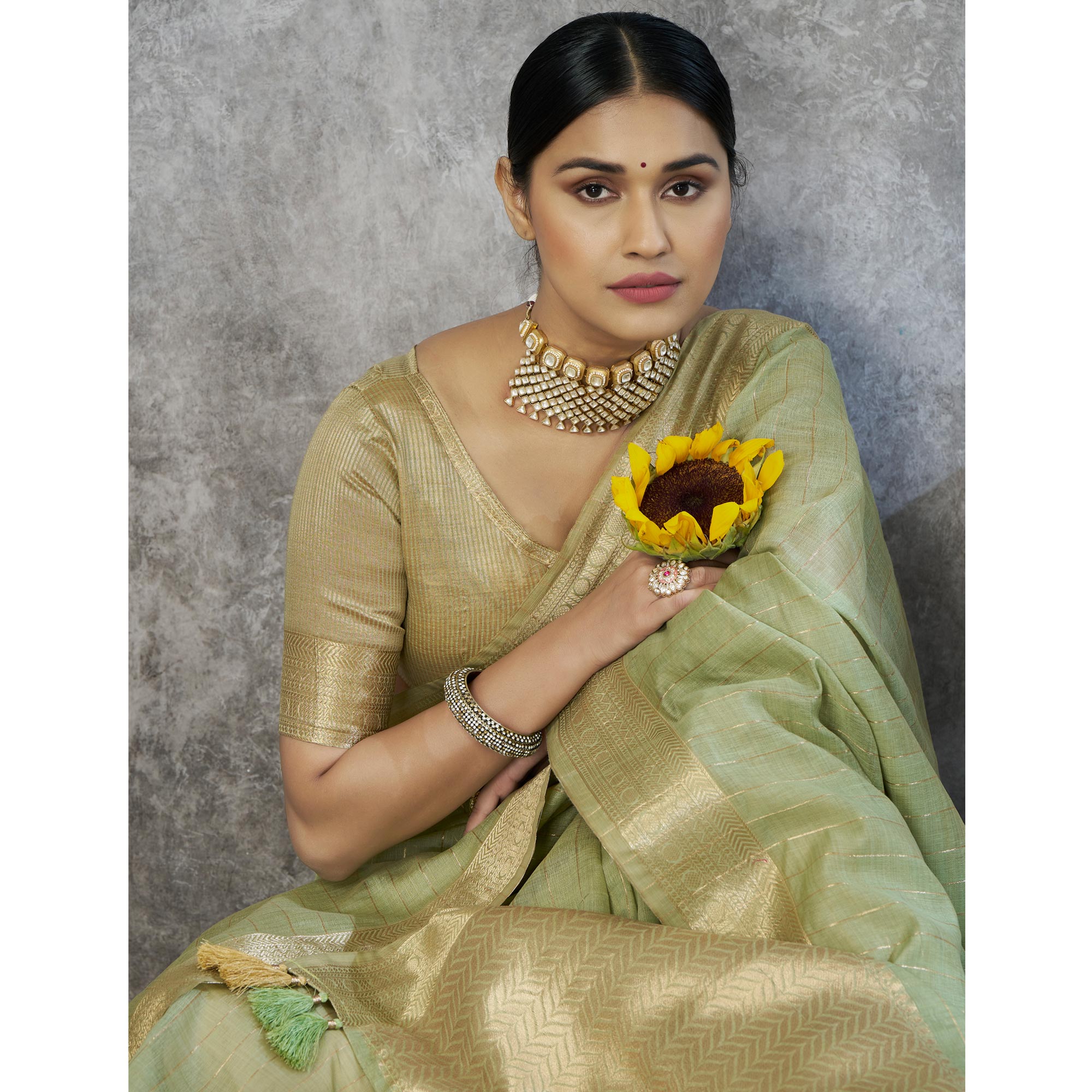 Green Woven Cotton Silk Saree With Tassels