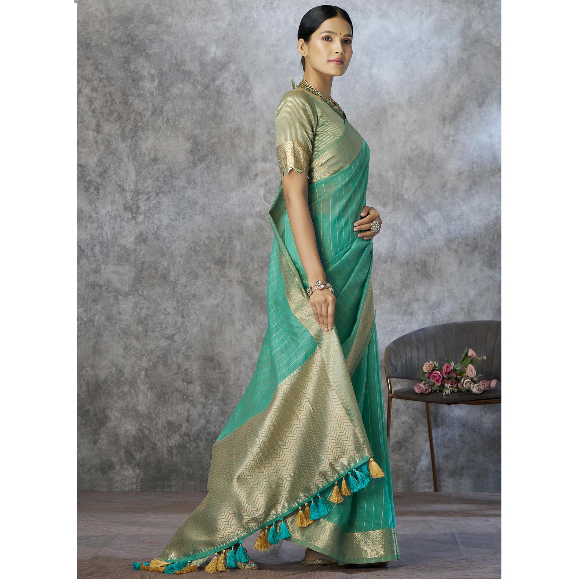 Turquoise Woven Cotton Silk Saree With Tassels
