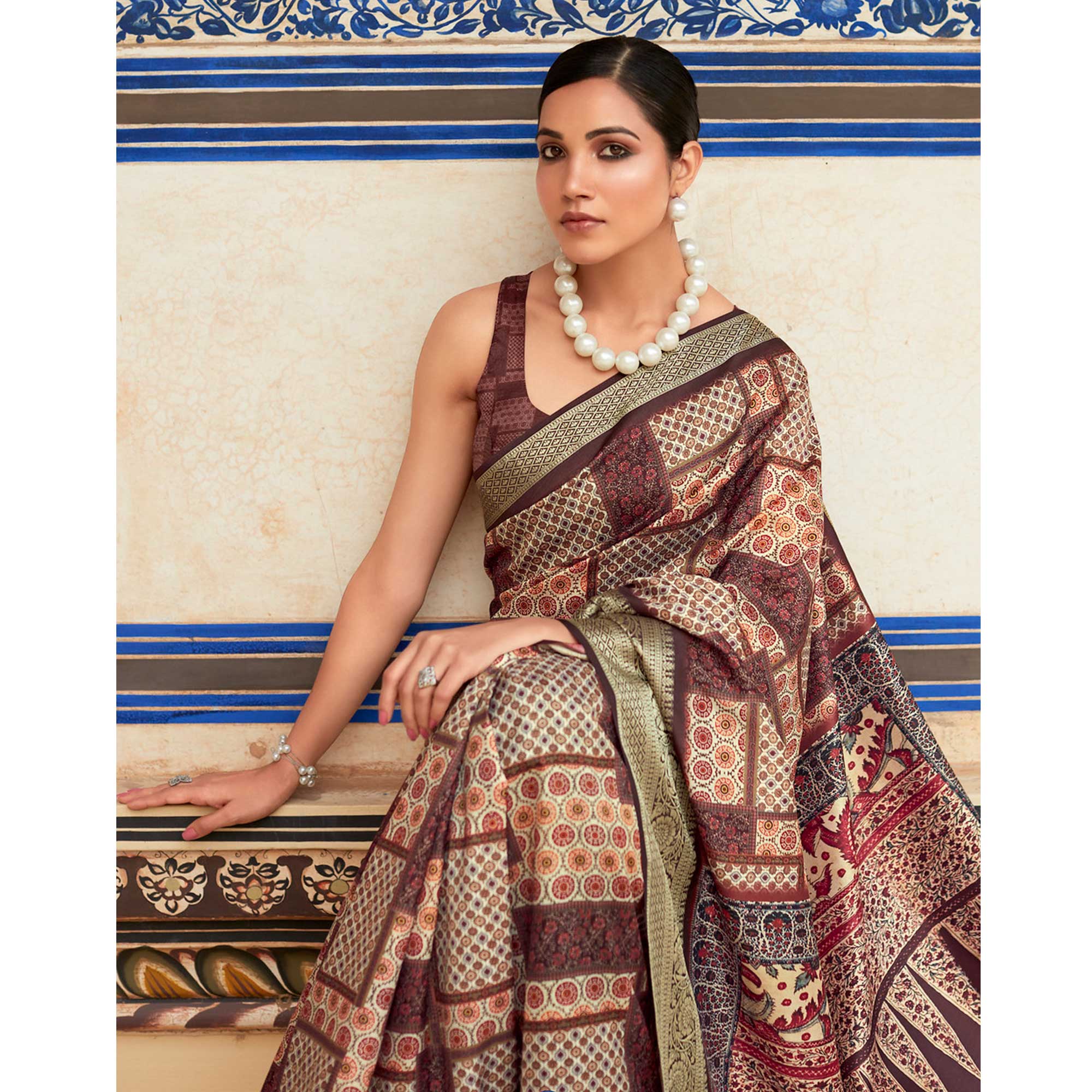 Beige & Brown Printed Dola Silk Saree