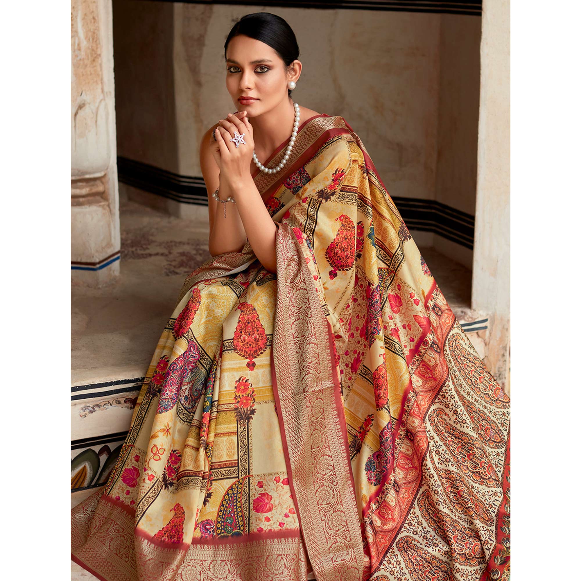 Yellow & Red Printed Dola Silk Saree