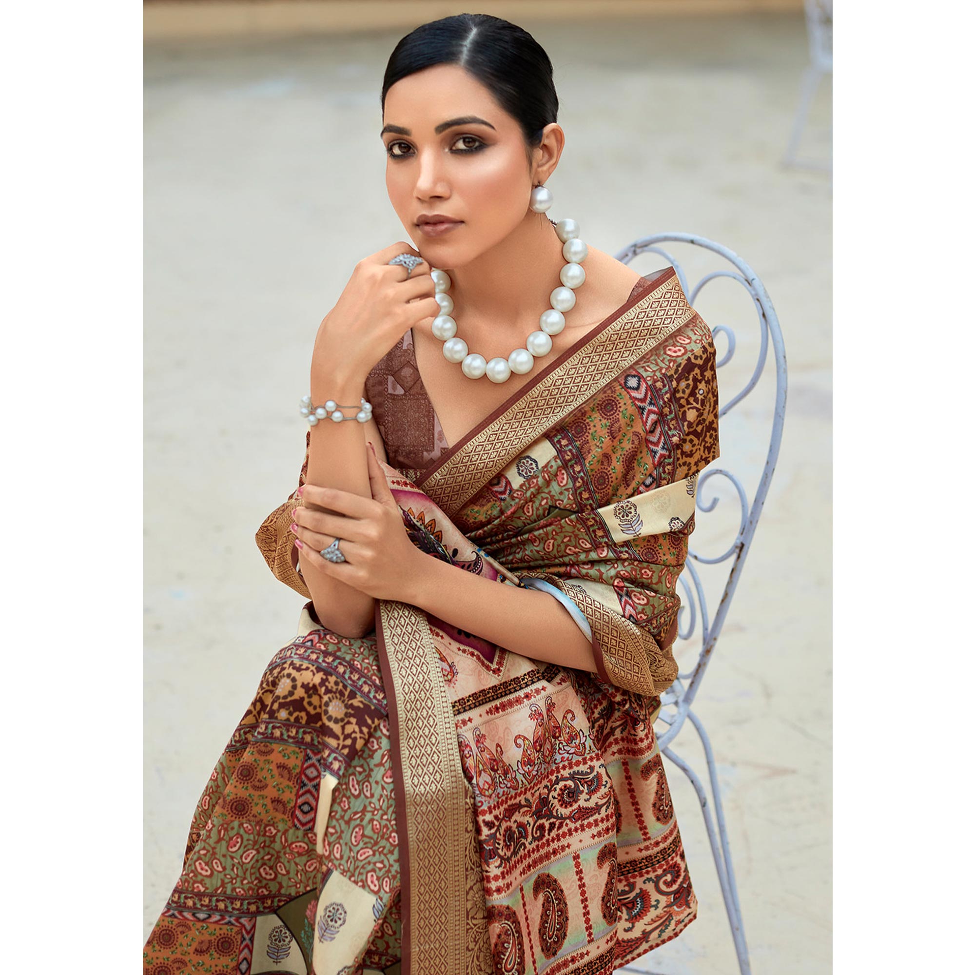 Brown Printed Dola Silk Saree