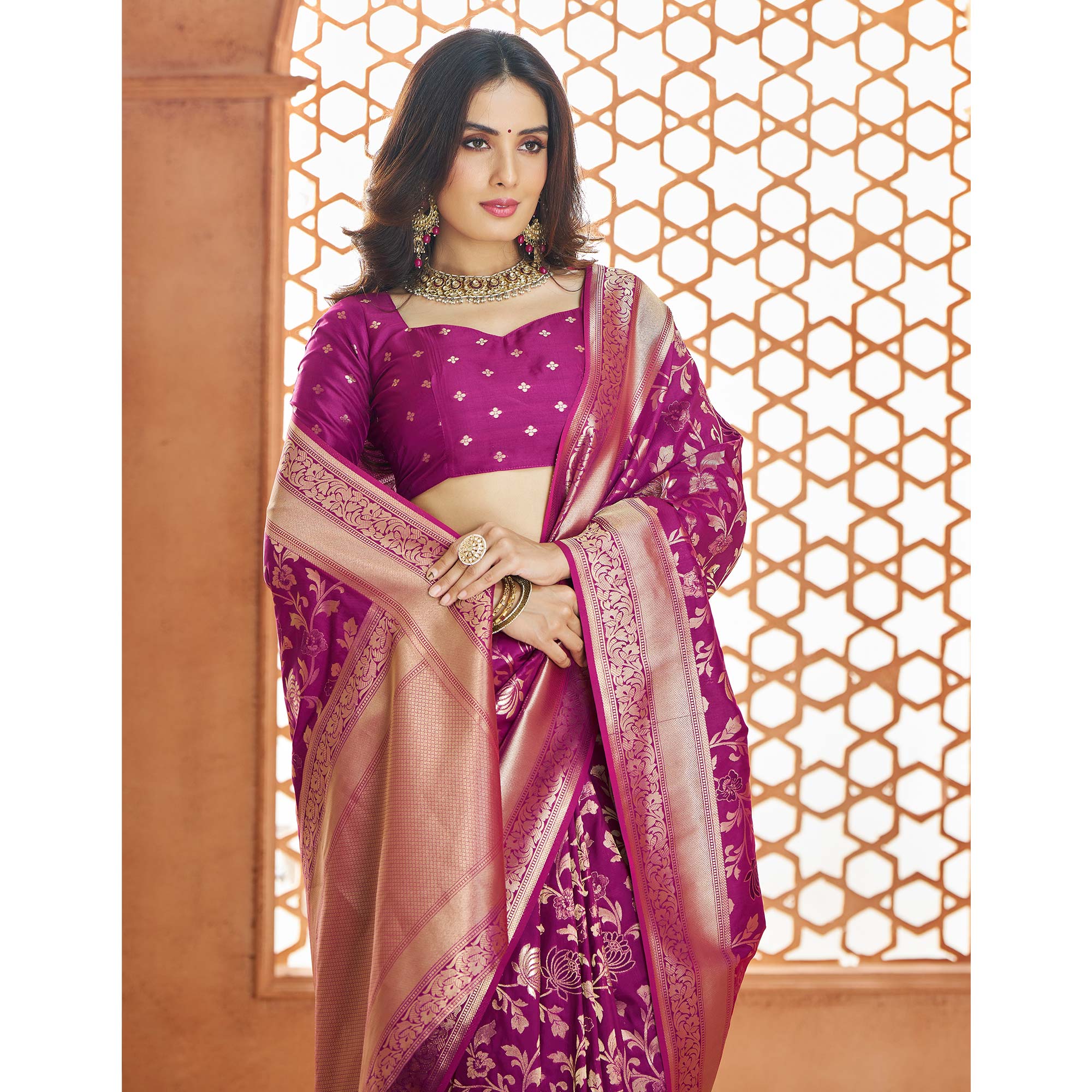 Purple Floral Woven Pure Banarasi Silk Saree