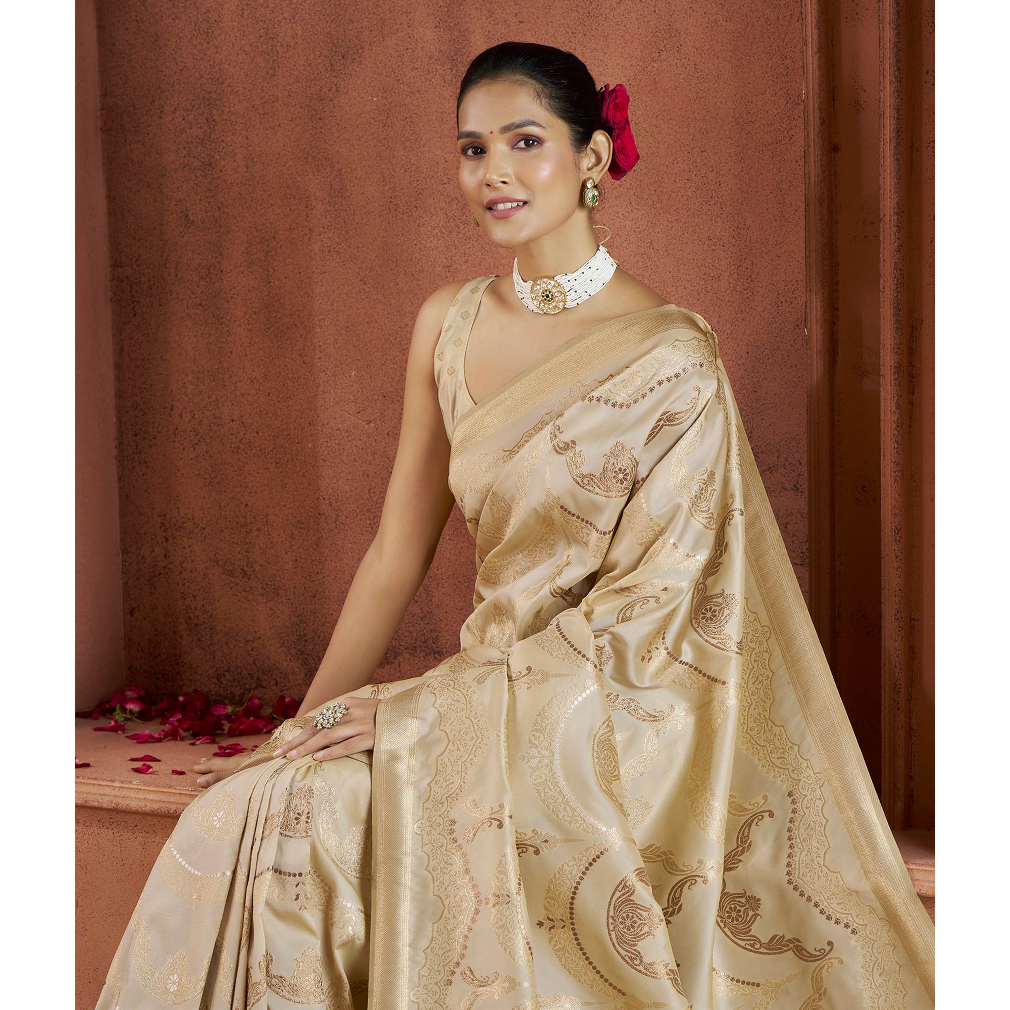 Beige Floral Woven Pure Banarasi Silk Saree