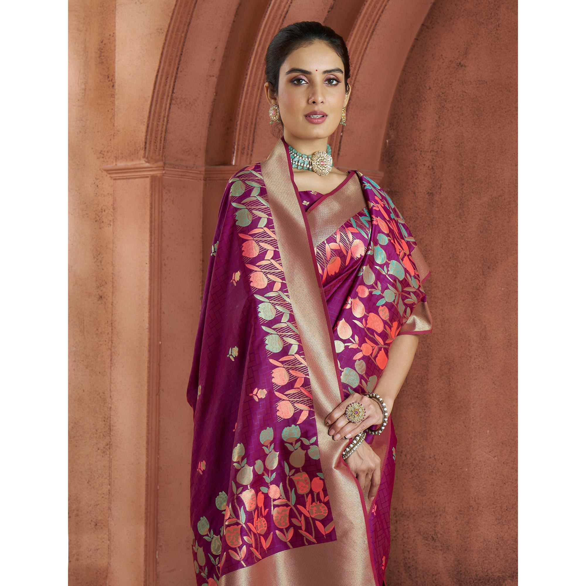 Purple Floral Woven Pure Banarasi Silk Saree