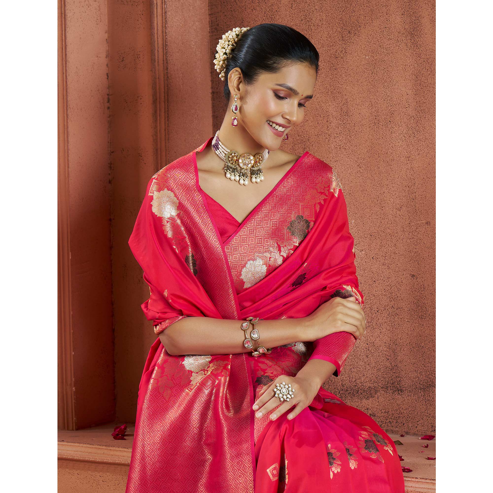 Crimson Red Floral Woven Pure Banarasi Silk Saree