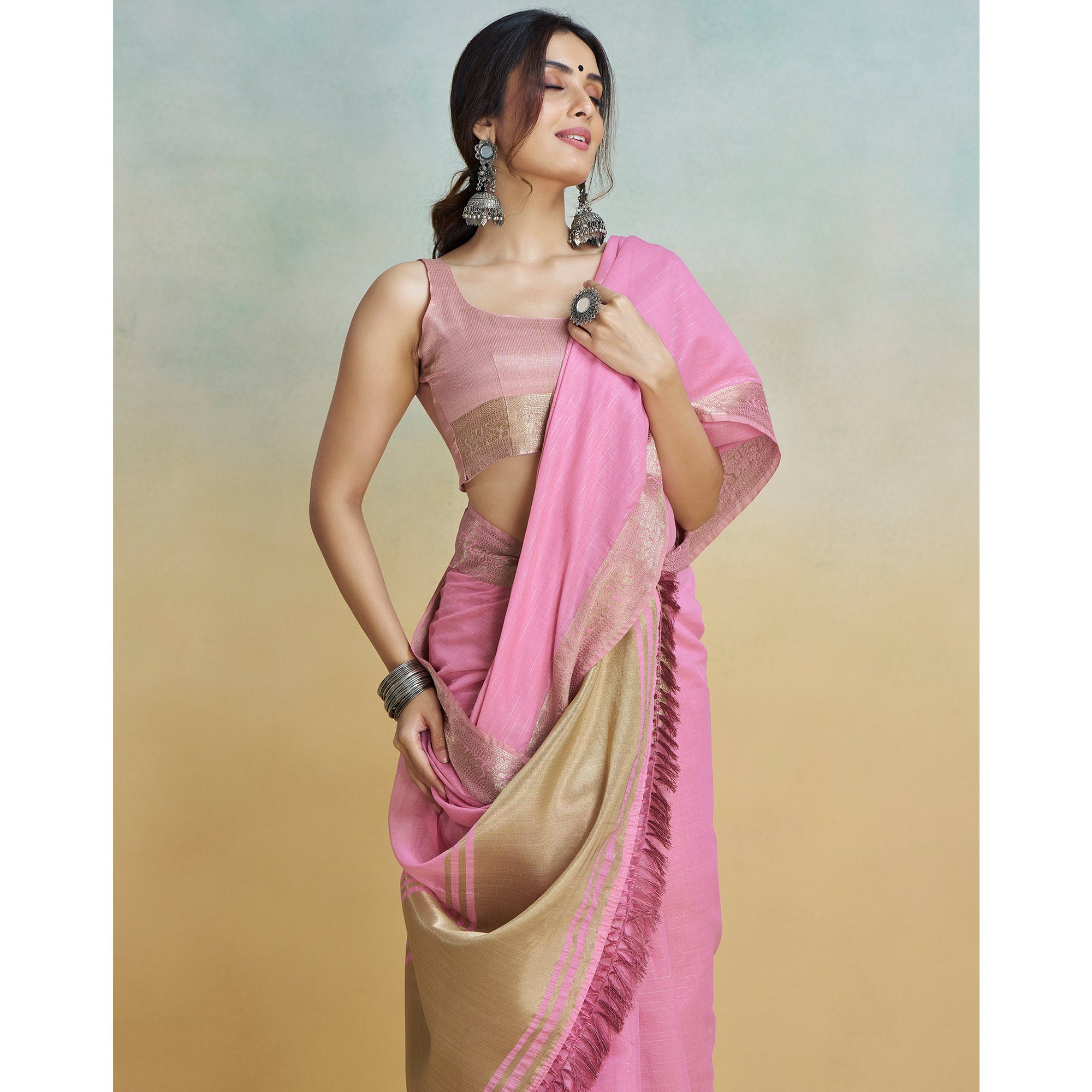 Pink Woven Cotton Silk Saree With Tassels