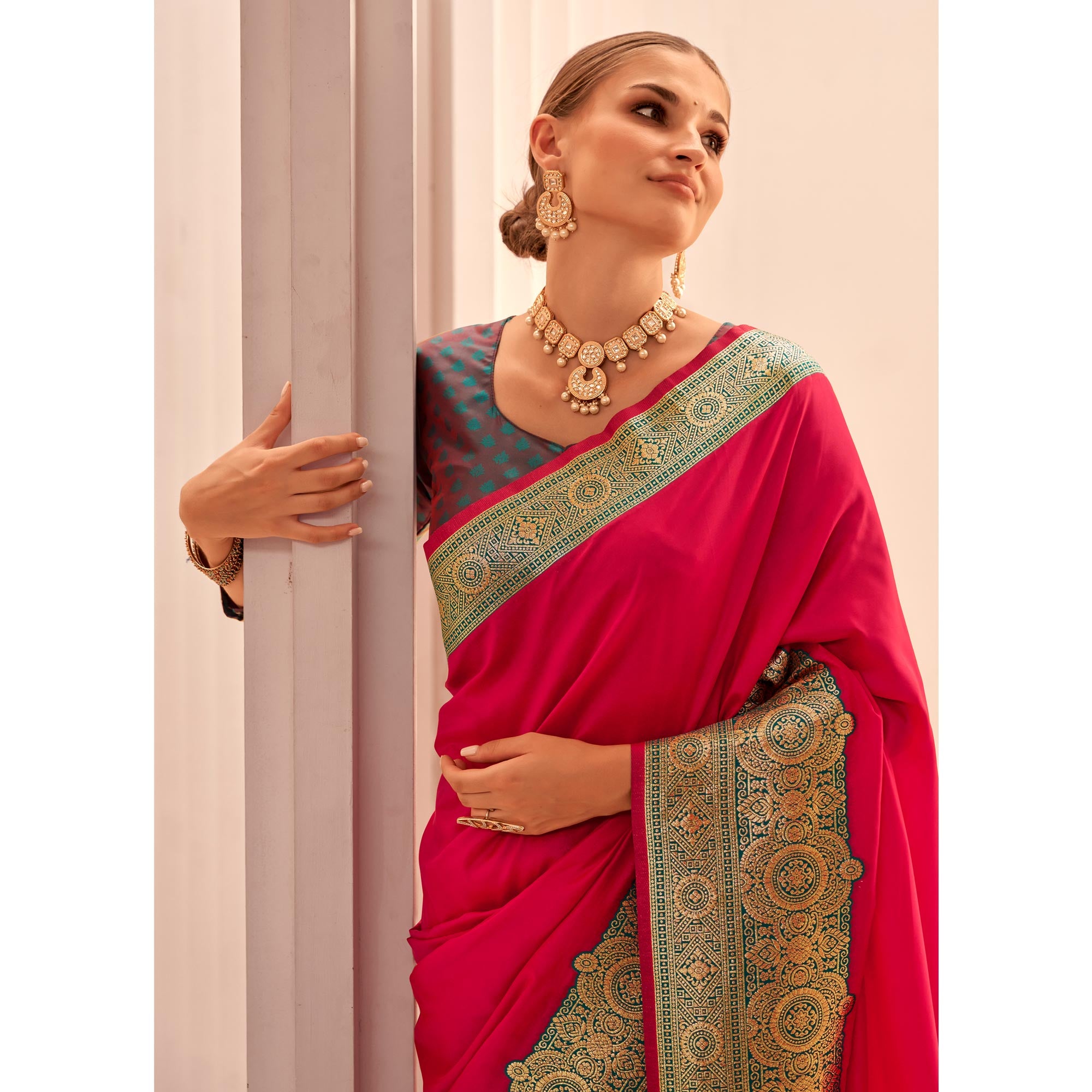 Rani Pink Floral Woven Banarasi Silk Saree With Tassels