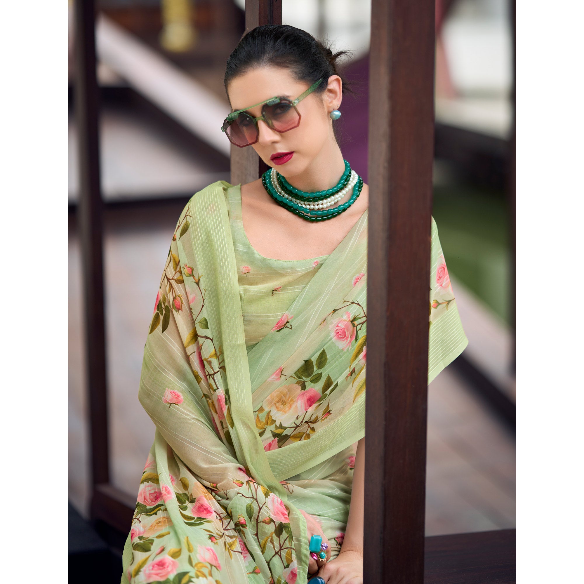 Green Floral Digital Printed Georgette Saree