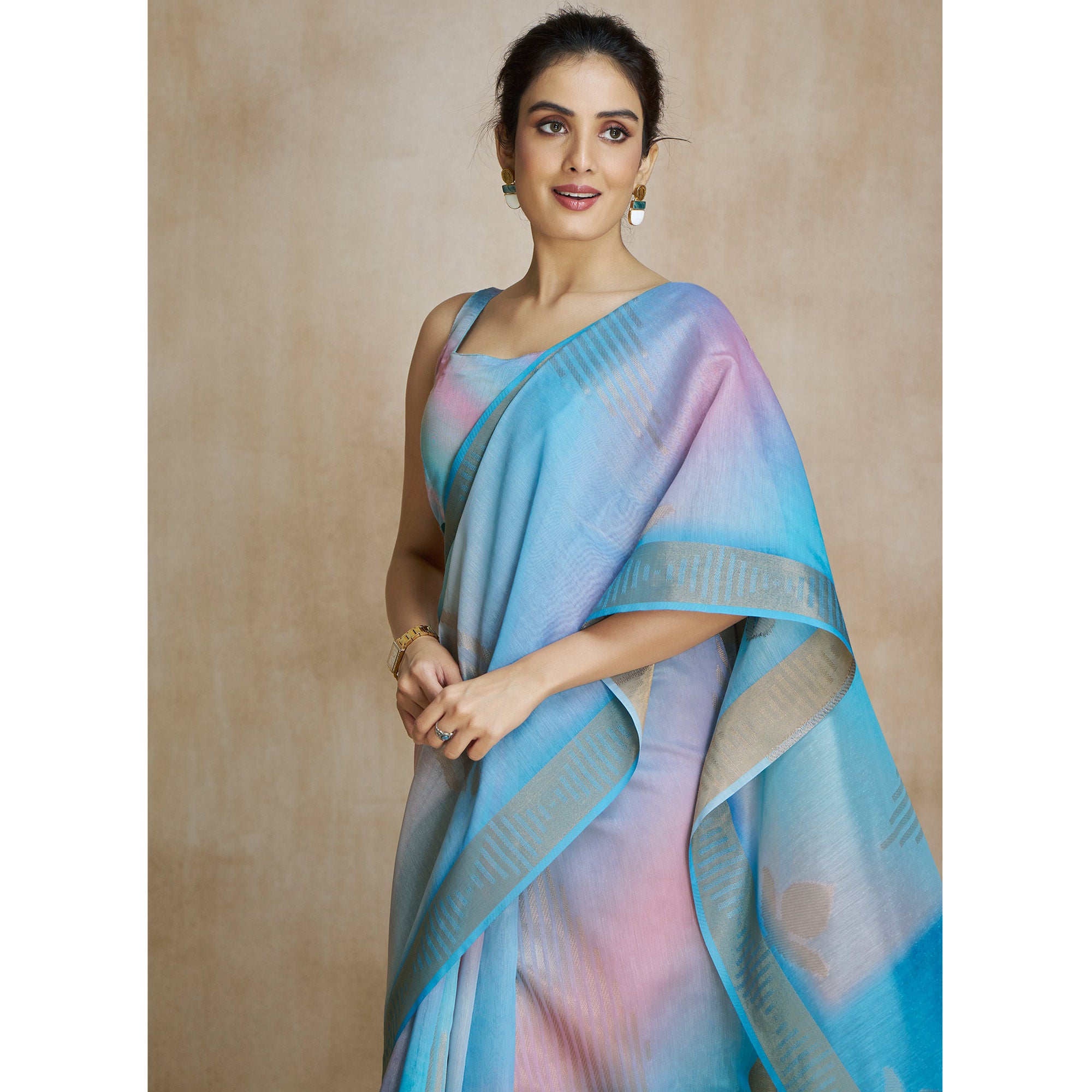 Blue Digital Printed With Woven Pure Silk Ombre Saree