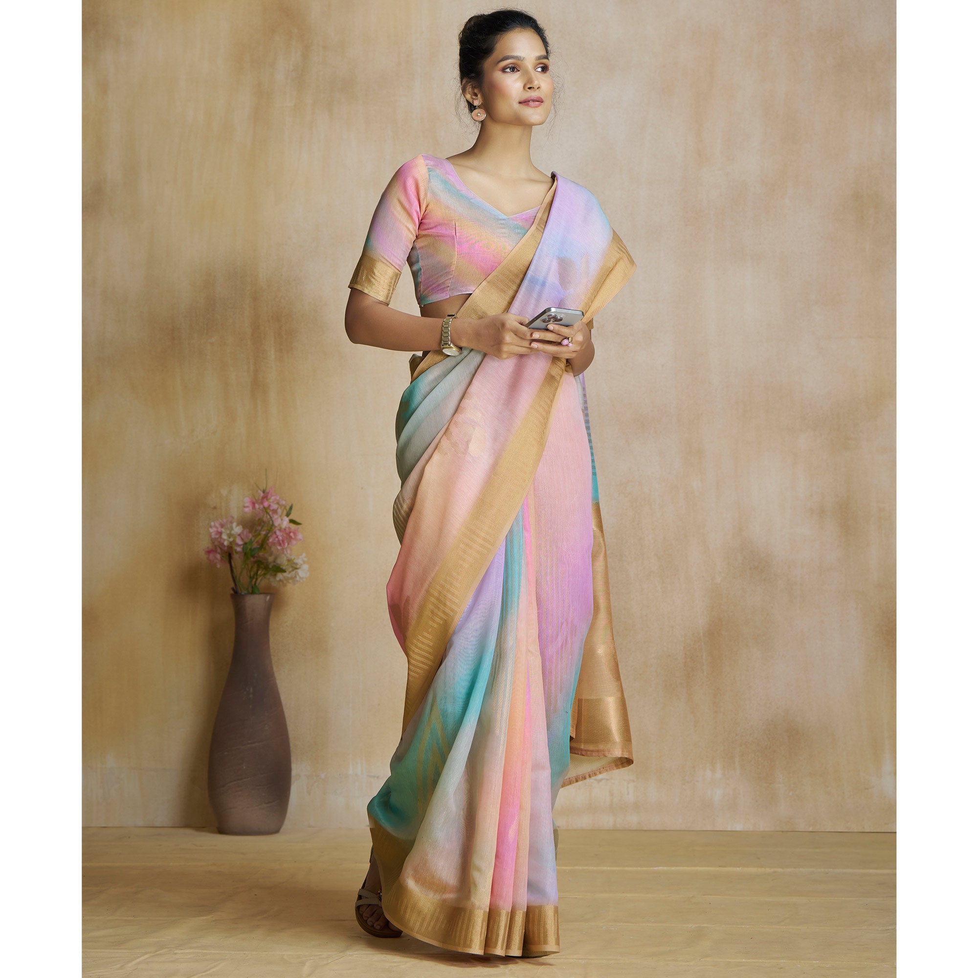 Chikoo Digital Printed With Woven Pure Silk Ombre Saree