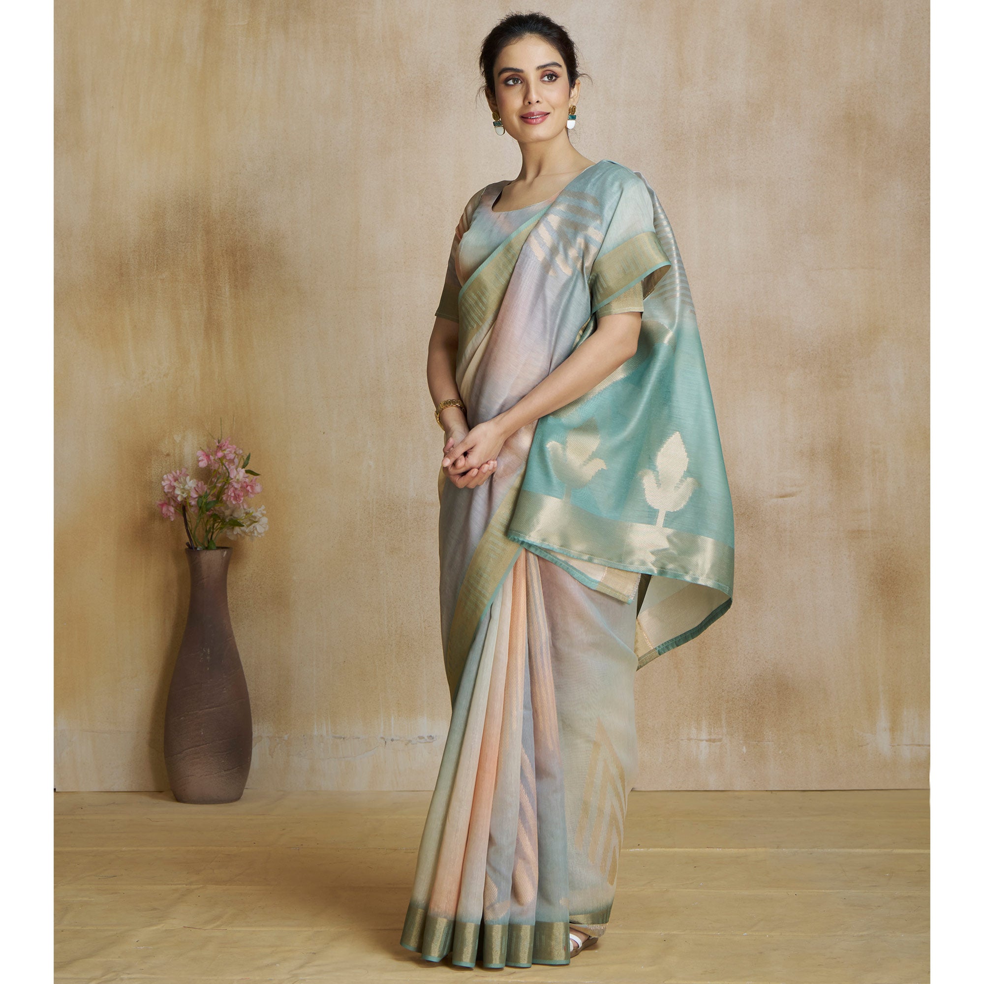 Sea Green Digital Printed With Woven Pure Silk Ombre Saree