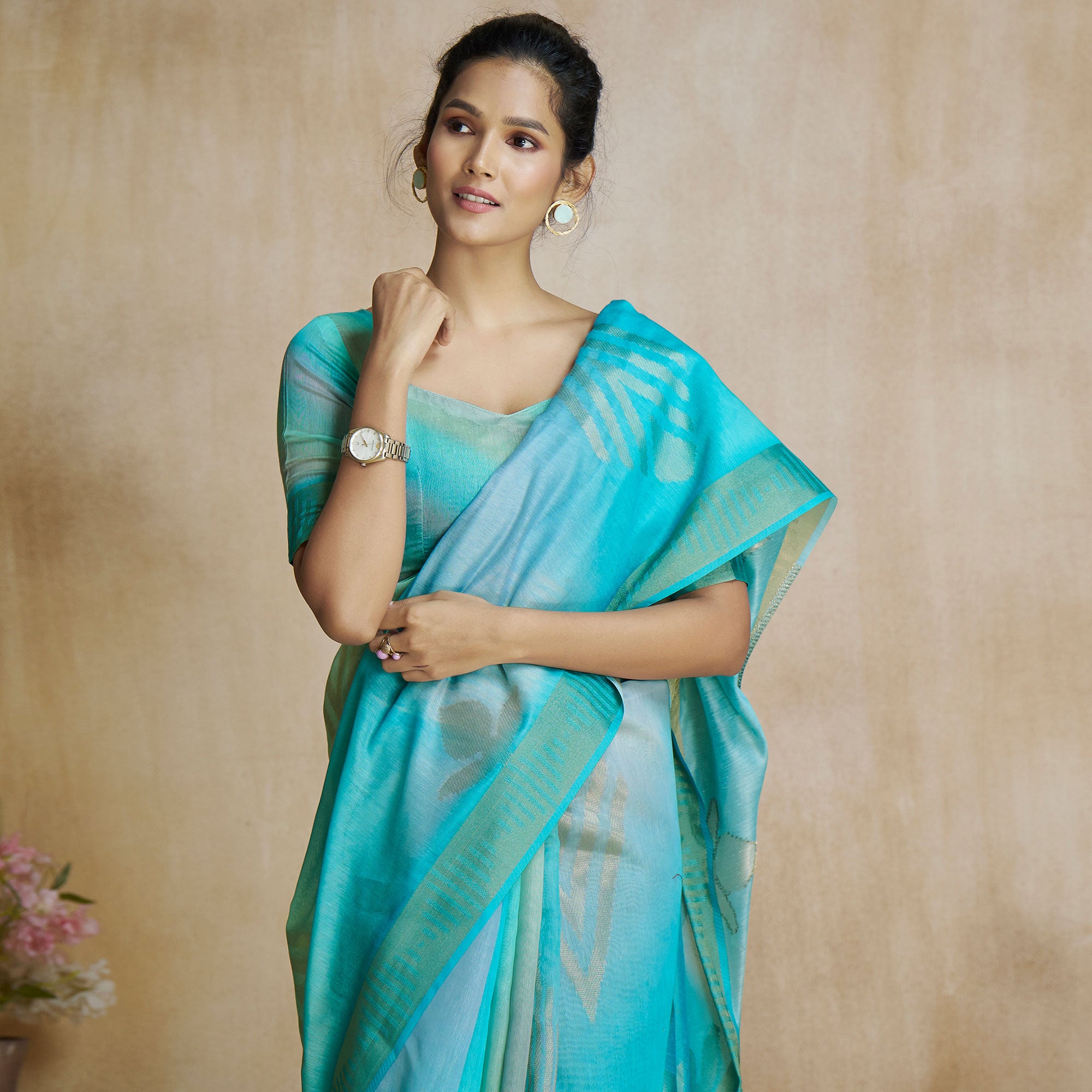 Turquoise Digital Printed With Woven Pure Silk Ombre Saree