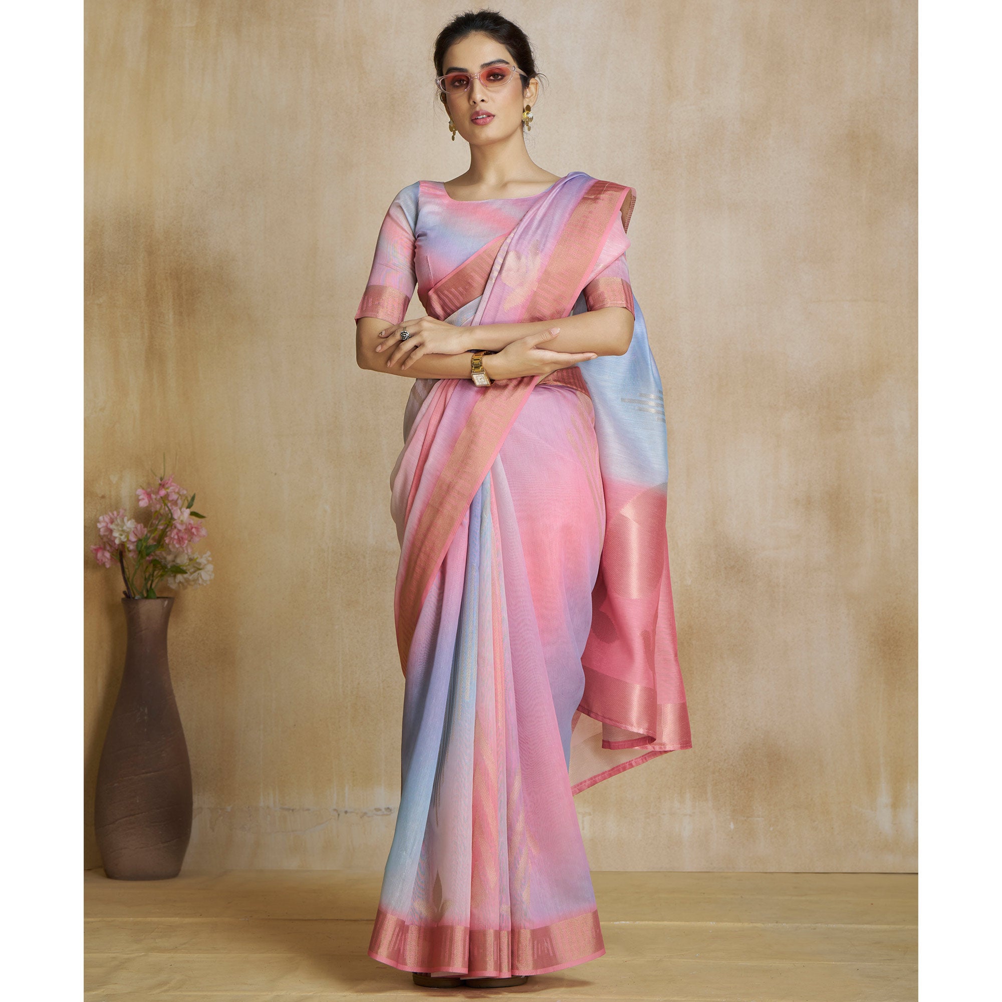 Pink Digital Printed With Woven Pure Silk Ombre Saree