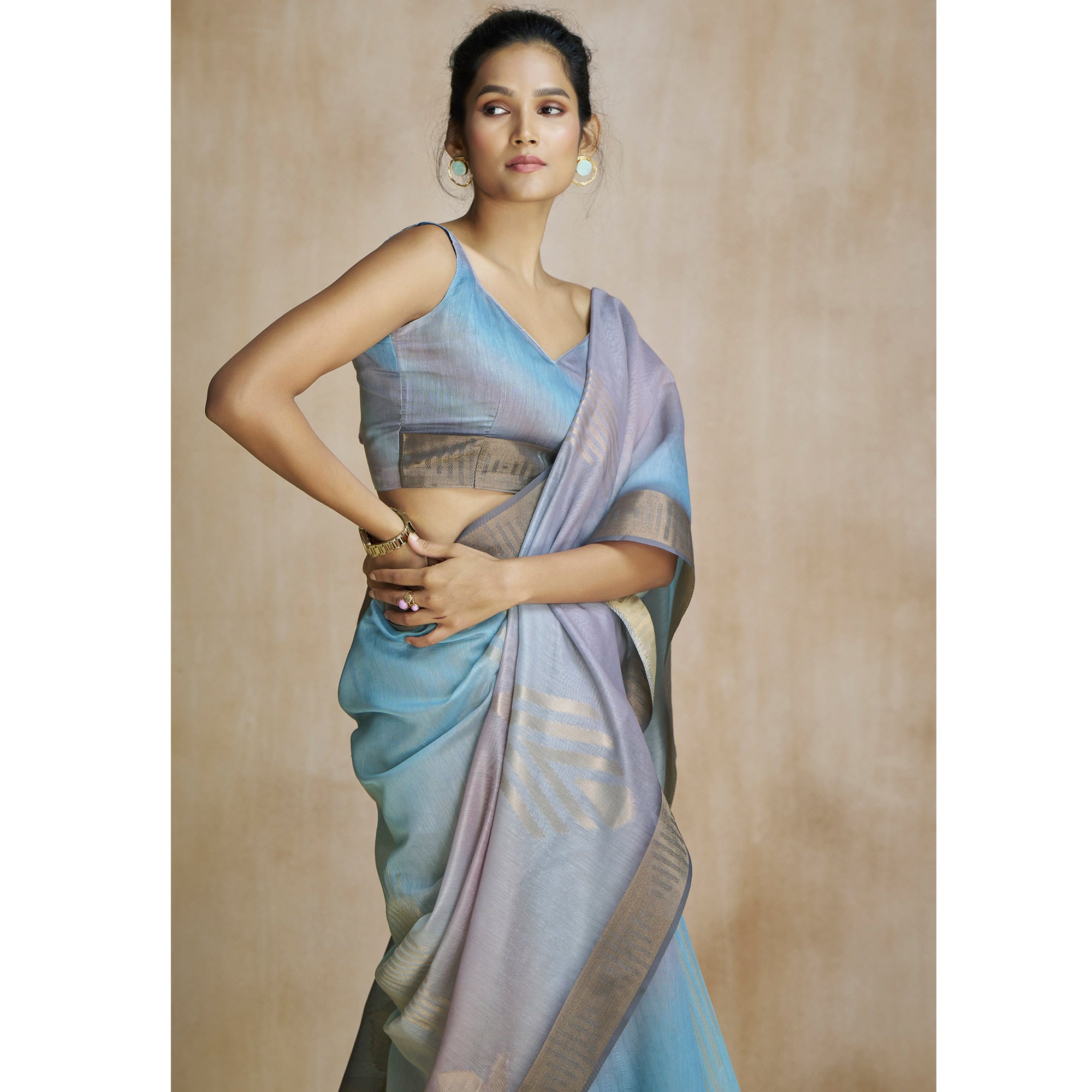 Grey Digital Printed With Woven Pure Silk Ombre Saree