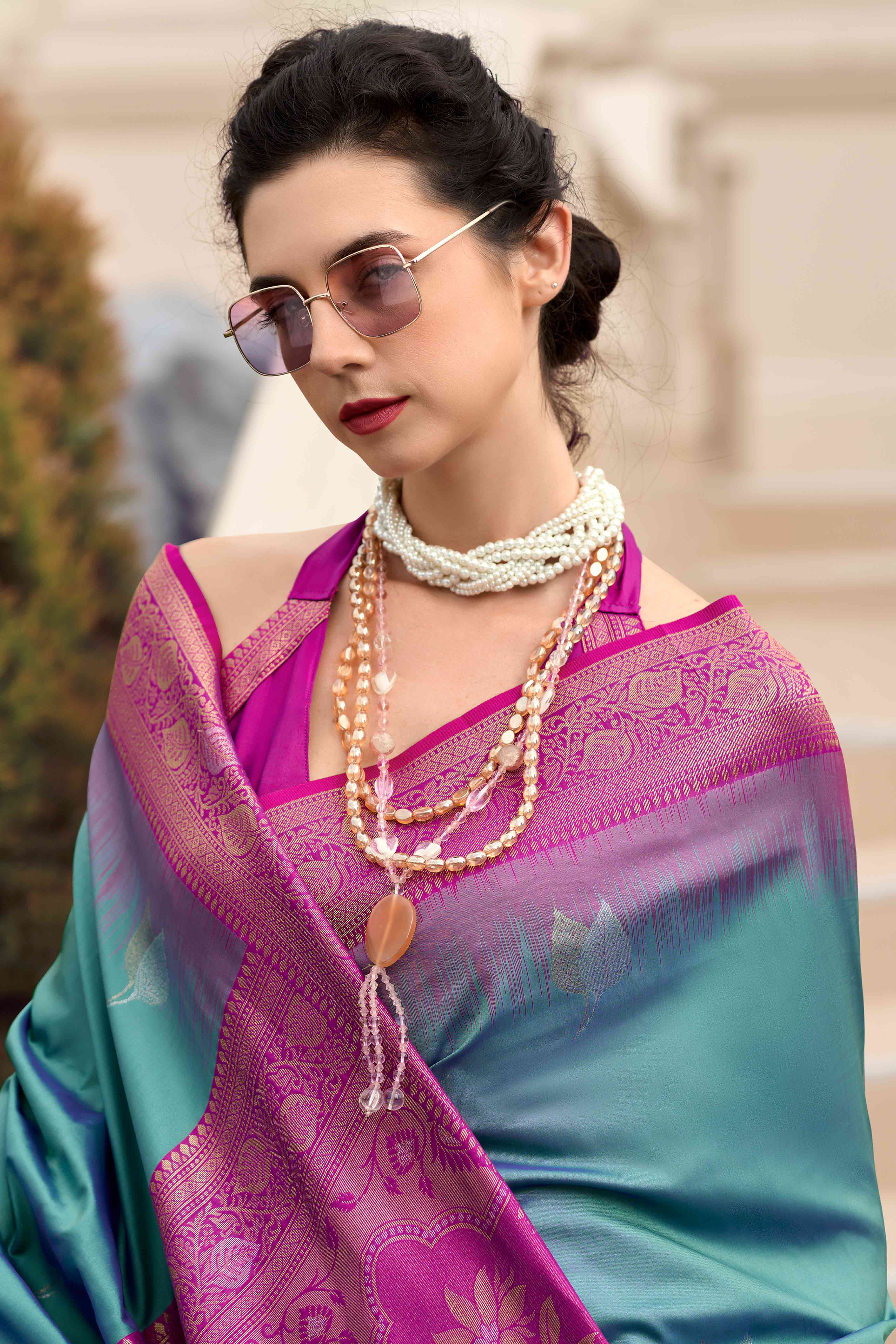 Dusty Teal Zari Weaving Pure Silk Saree