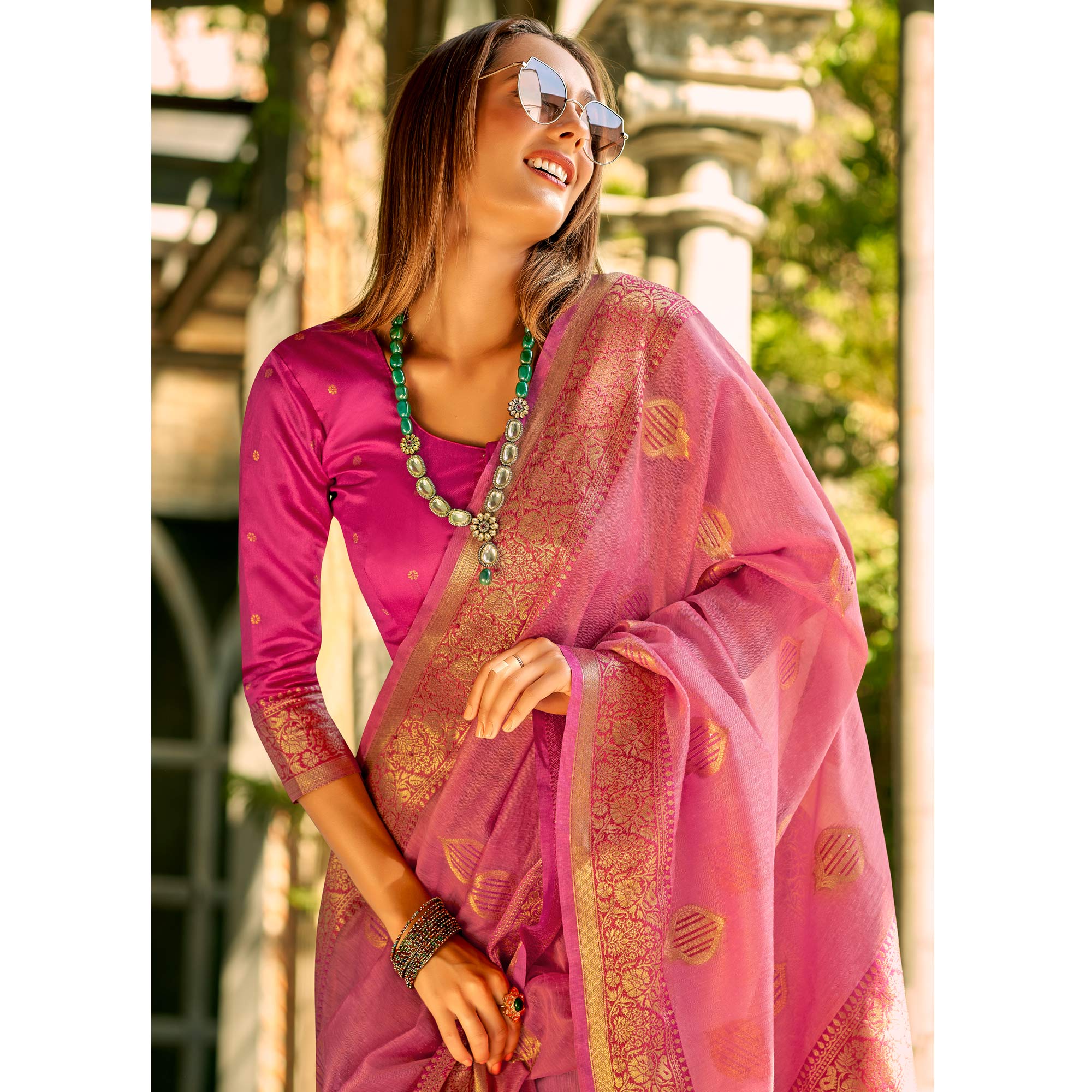 Pink Floral Woven Tissue Silk Saree With Tassels