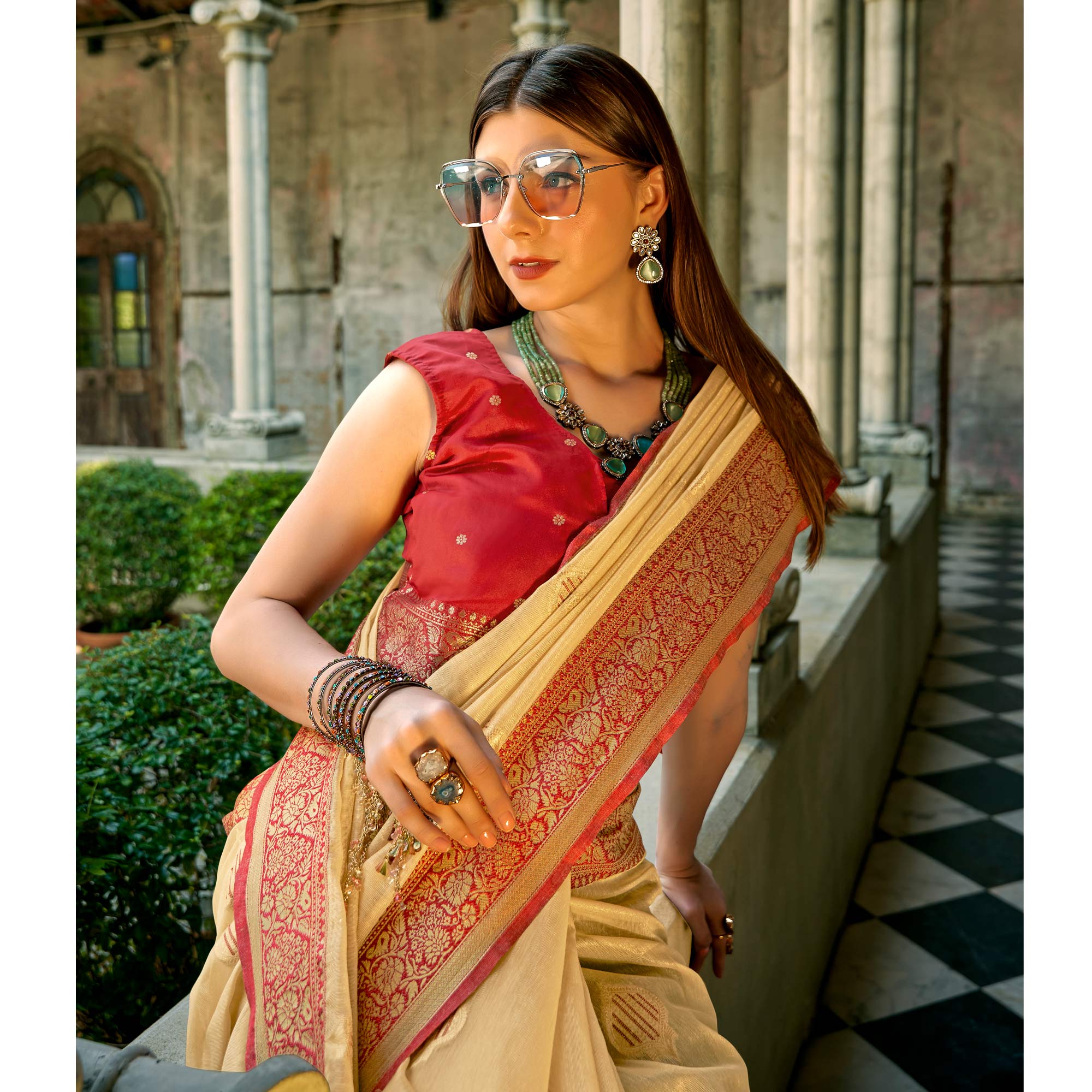 Chikoo Floral Woven Tissue Silk Saree With Tassels