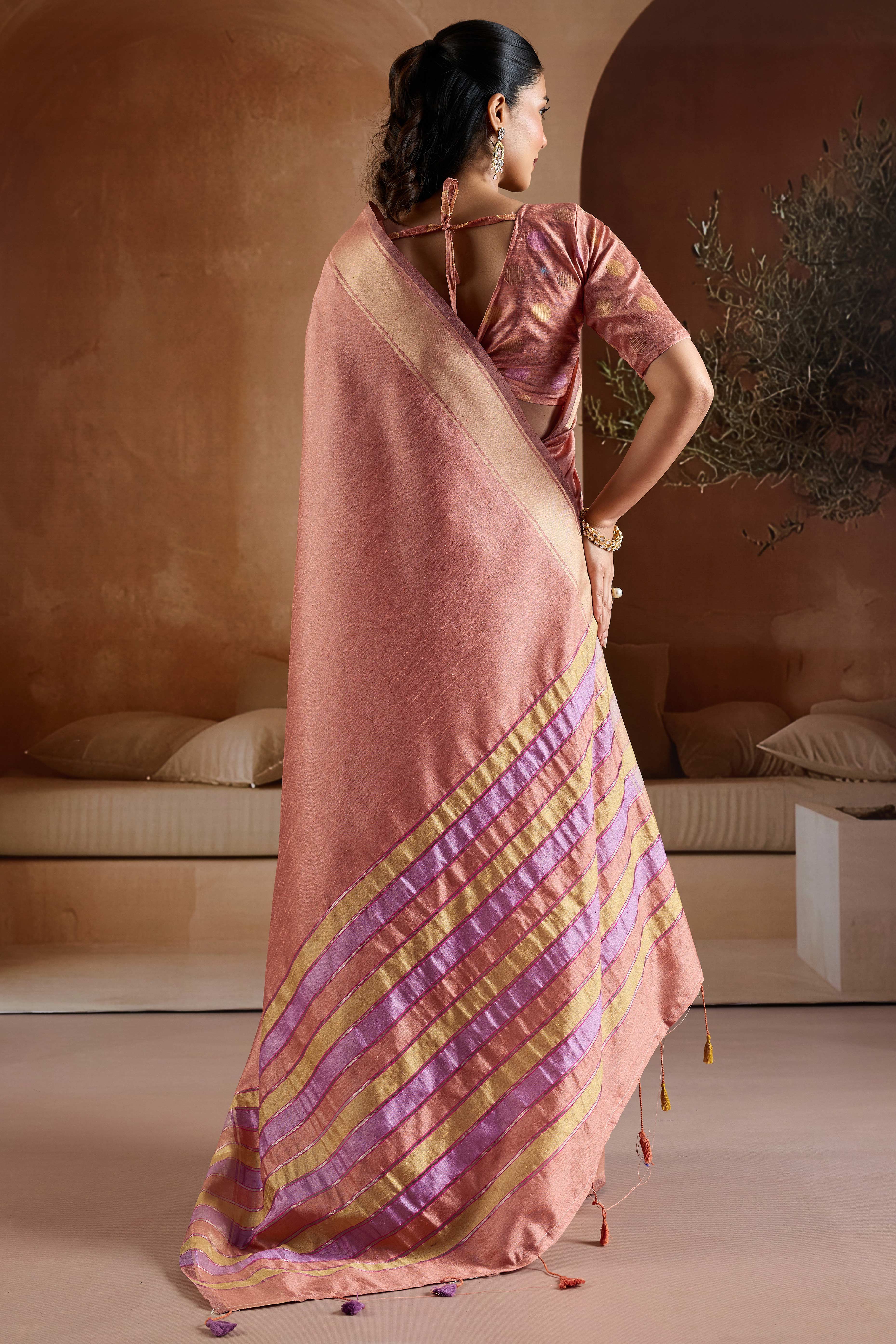 Graceful Peach Zari Woven Bhagalpuri Silk Saree Accented With Tassel Pallu
