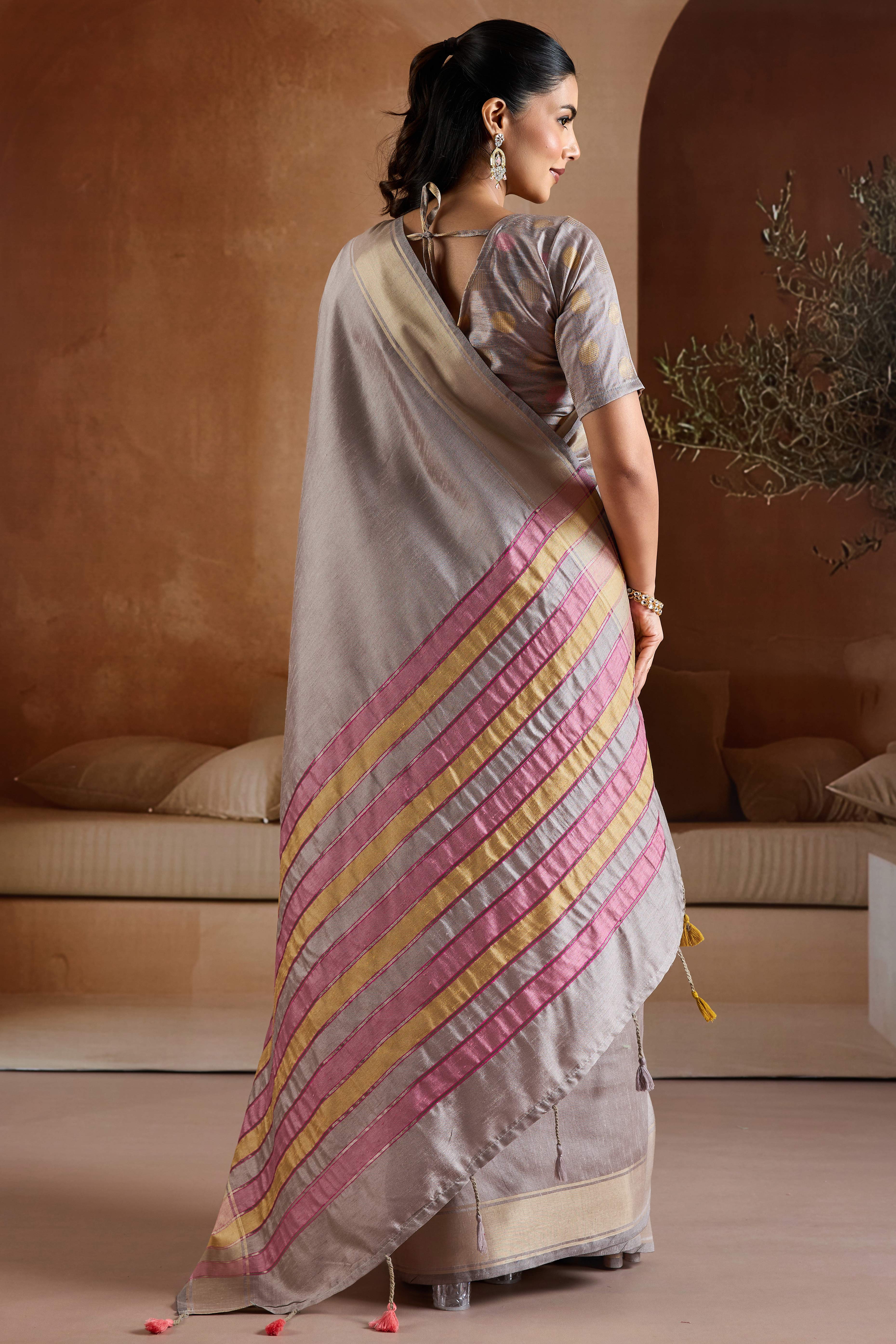Graceful Grey Zari Woven Bhagalpuri Silk Saree Accented With Tassel Pallu