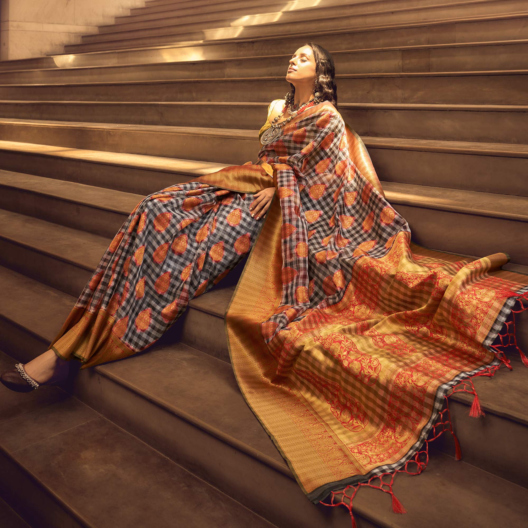 Red Checks Woven Organza Saree With Tassels