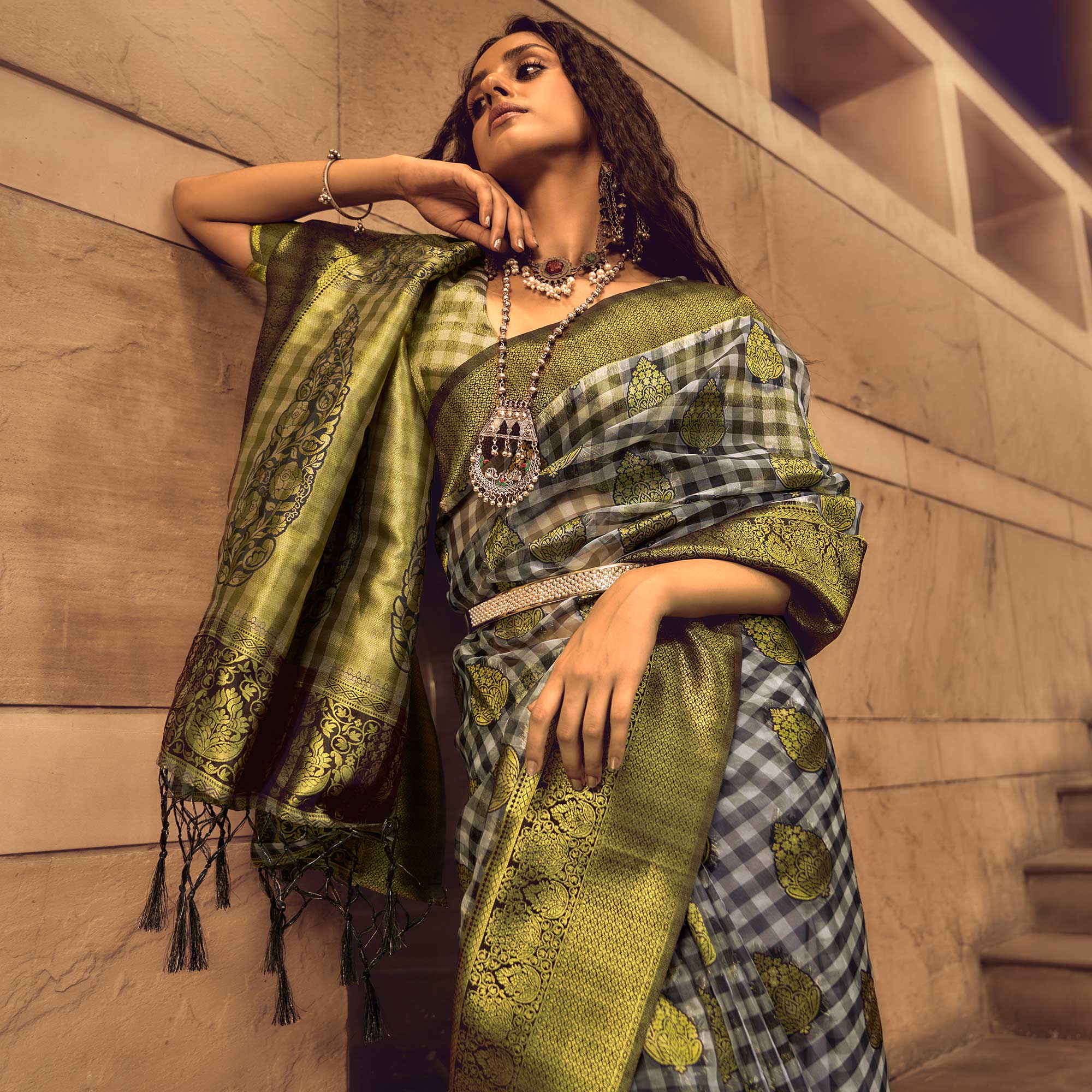 Black Checks Woven Organza Saree With Tassels