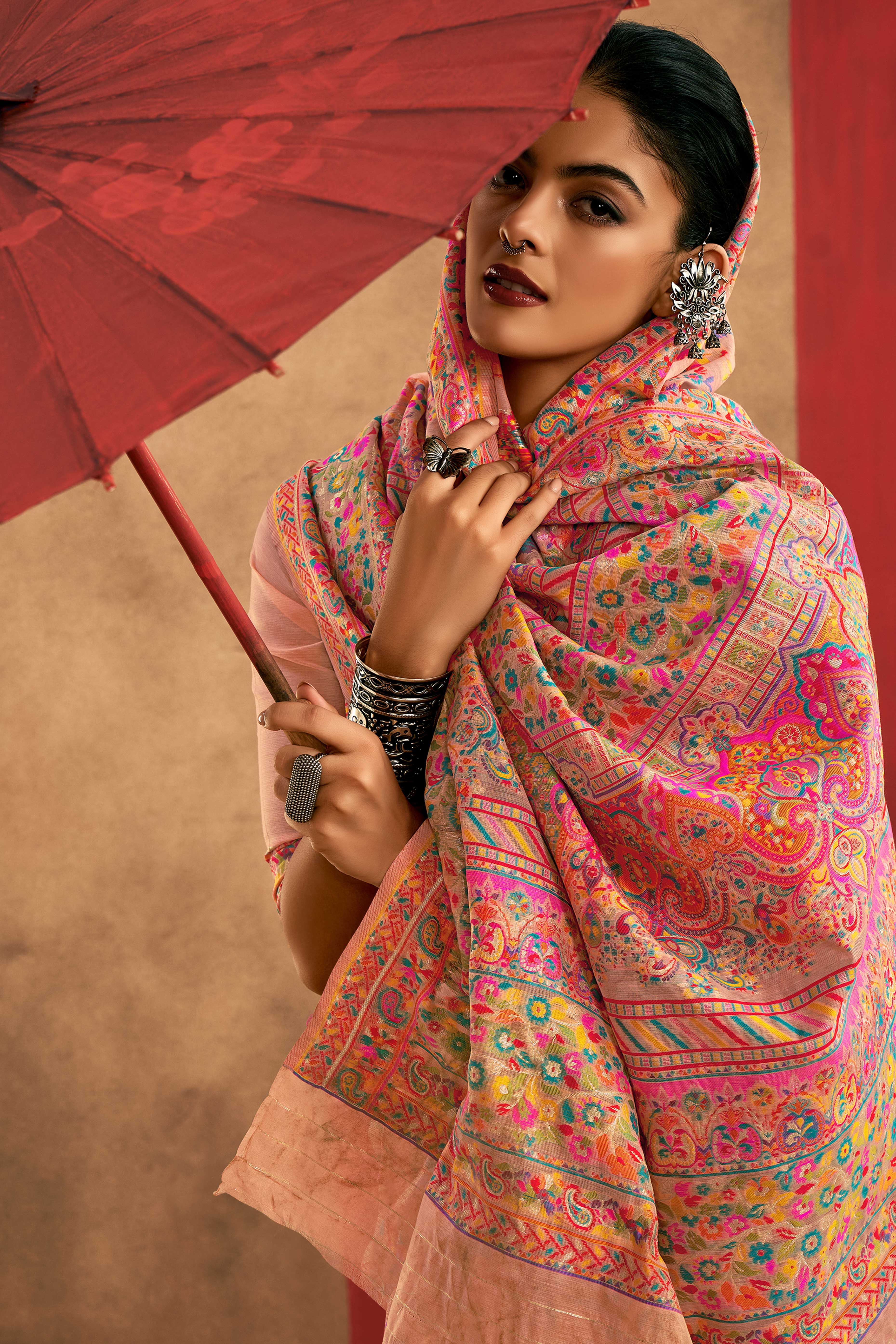 Graceful Peach Floral Weaving Pashmina Modal Cotton Blend Saree With Timeless Appeal