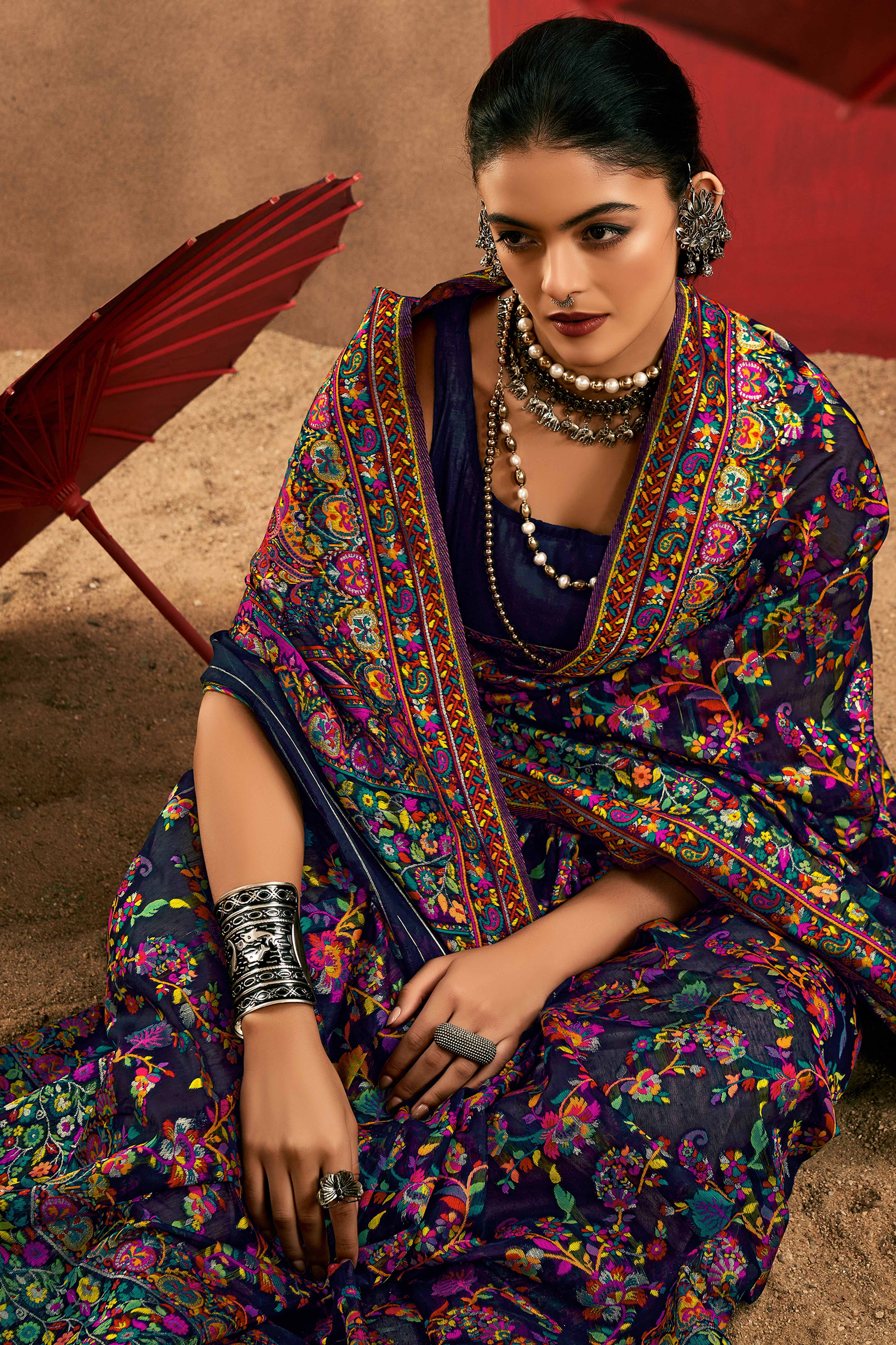 Graceful Navy Blue Floral Weaving Pashmina Modal Cotton Blend Saree With Timeless Appeal