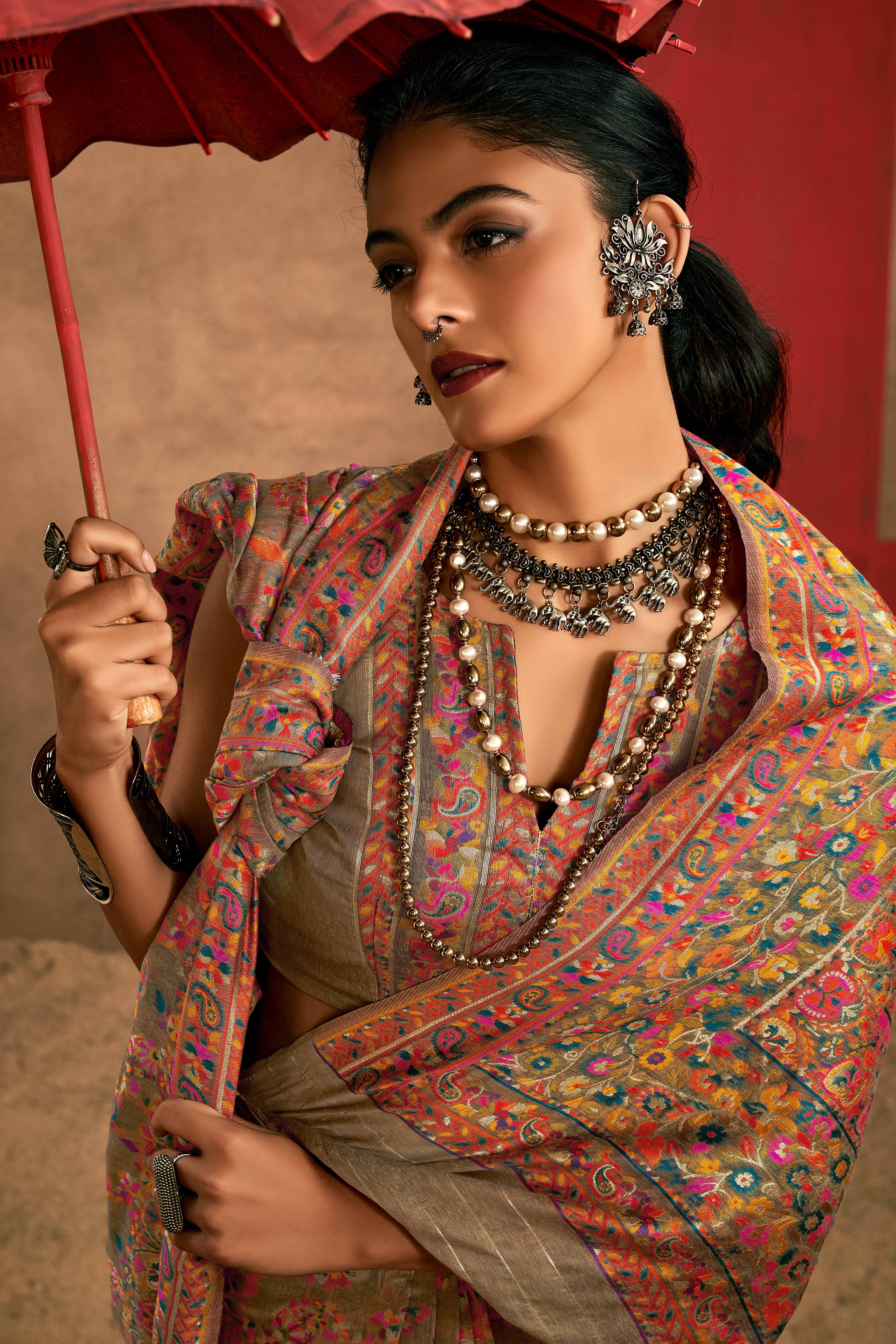 Graceful Dark Chikoo Floral Weaving Pashmina Modal Cotton Blend Saree With Timeless Appeal