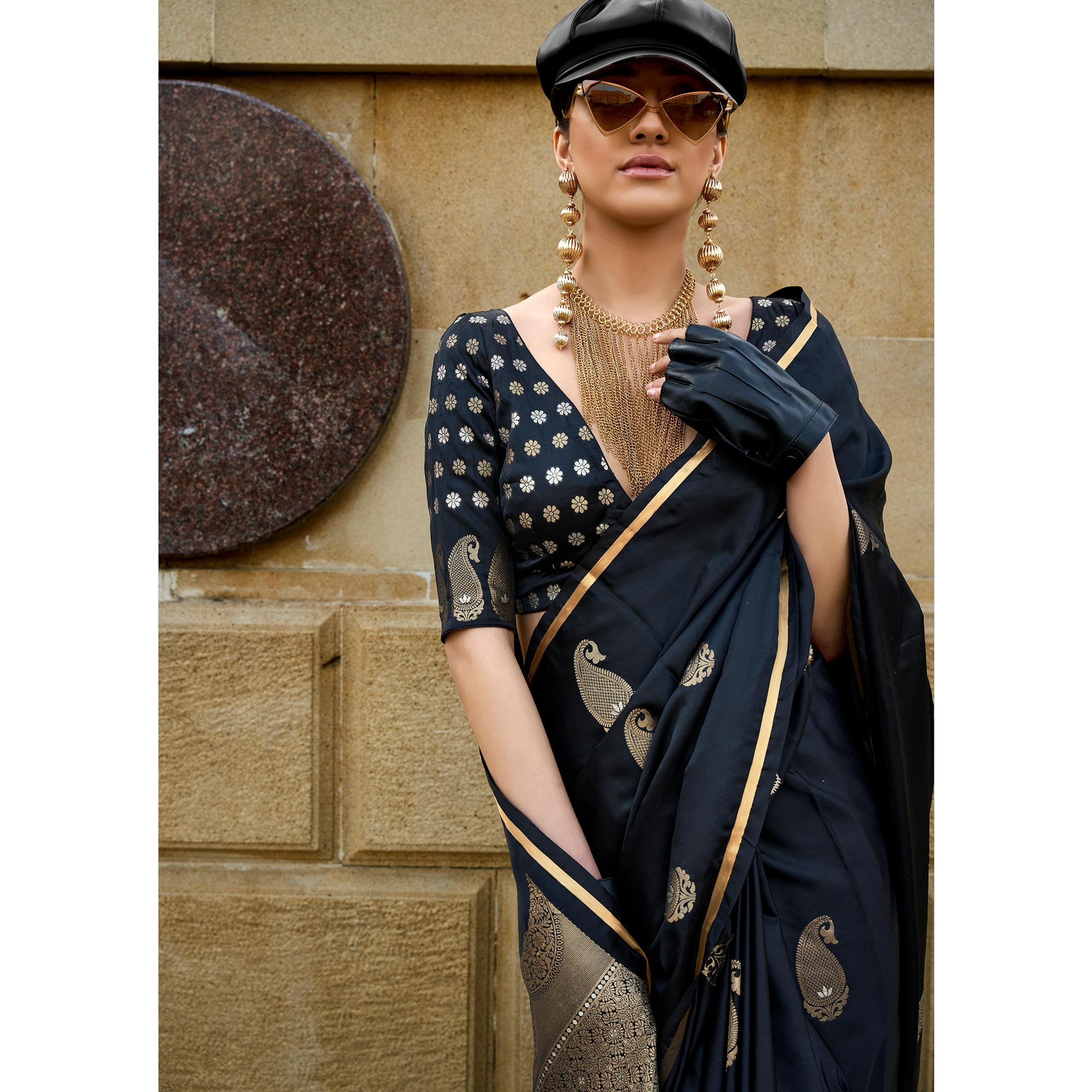 Black Zari Work Woven Satin Saree With Tassels