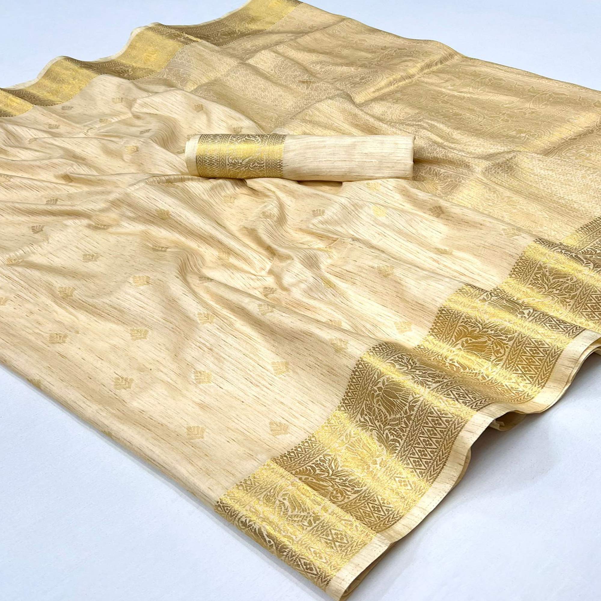 Cream Floral Woven Khaadi Silk Saree