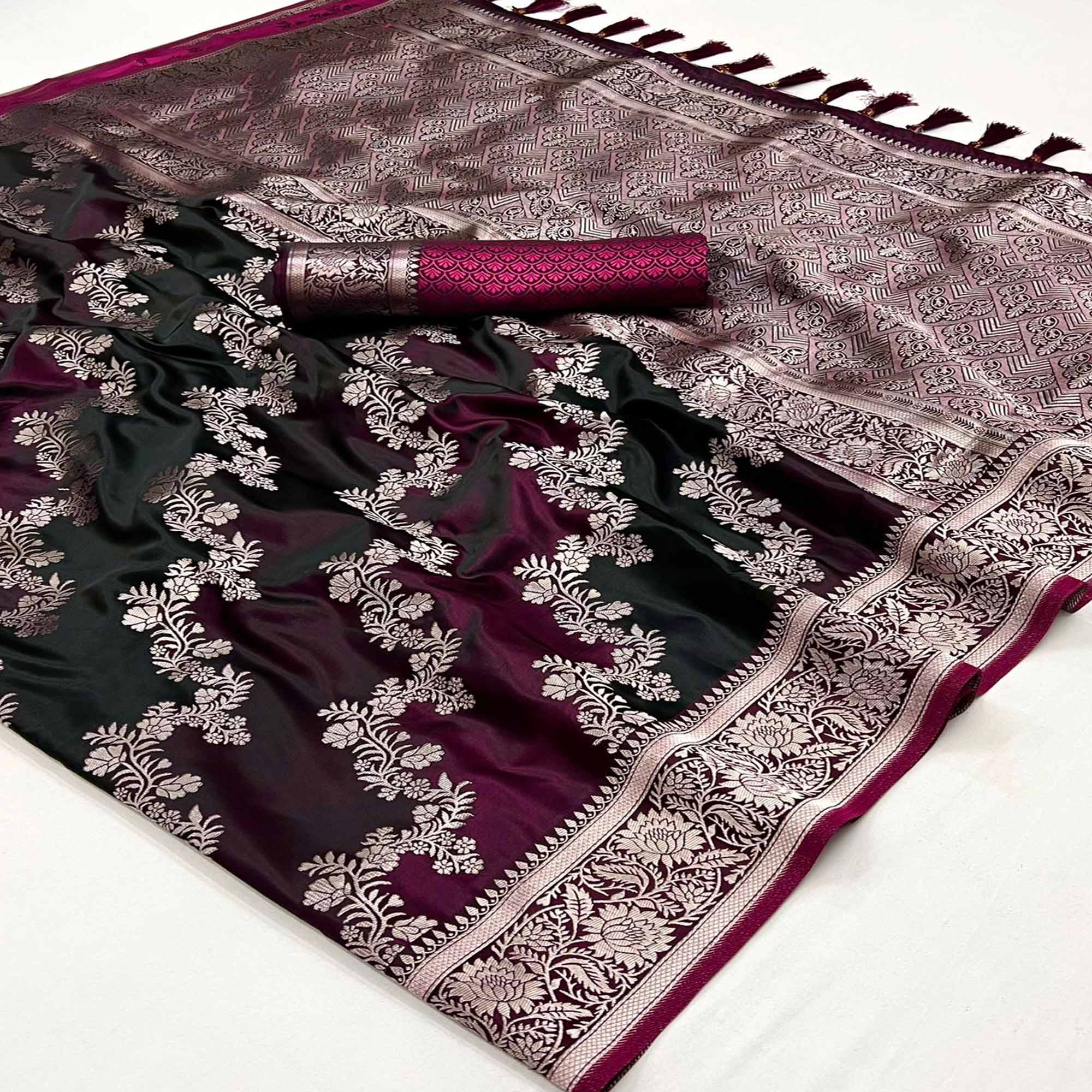 Wine Floral Woven Satin Saree With Tassels